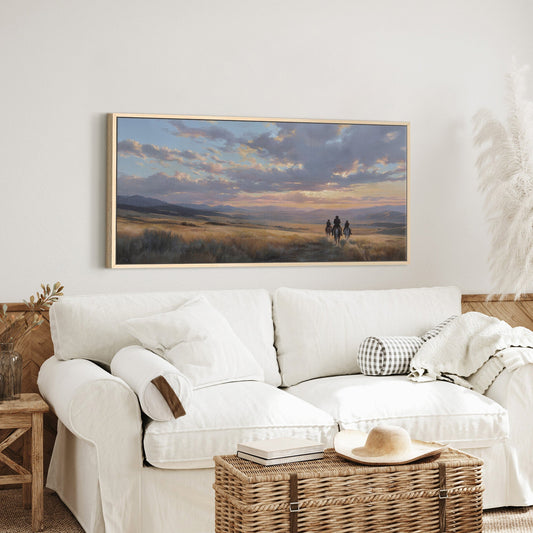 Cowboys in Western Sunset Landscape Wall Art - Canvas Print