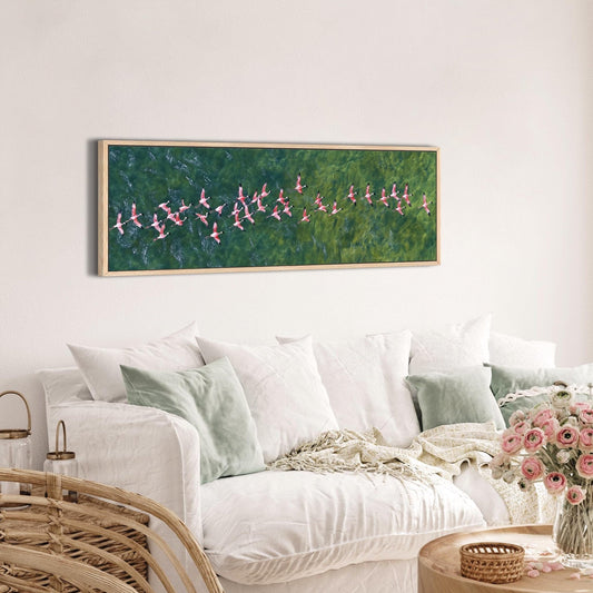 Flamingos Flying Over Emerald Ocean Art Print Canvas Art - Canvas Print