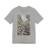 Masters of Art Claude Monet's The Rue Montorgueil in Paris Unisex Jersey Short Sleeve T-Shirt - POPvault
