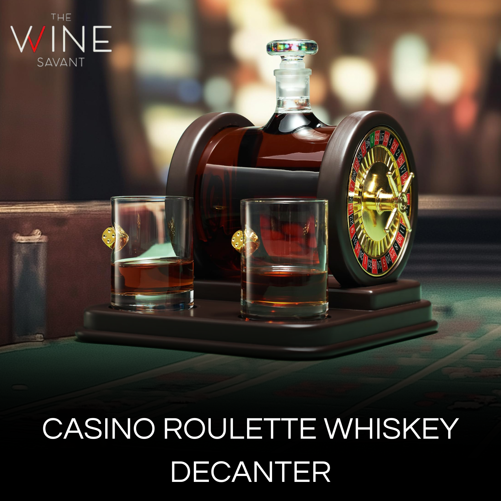 Casino Roulette 67.6 Oz. Wood Whiskey Decanter Set With 2 10 Oz. Dice Whiskey Glasses