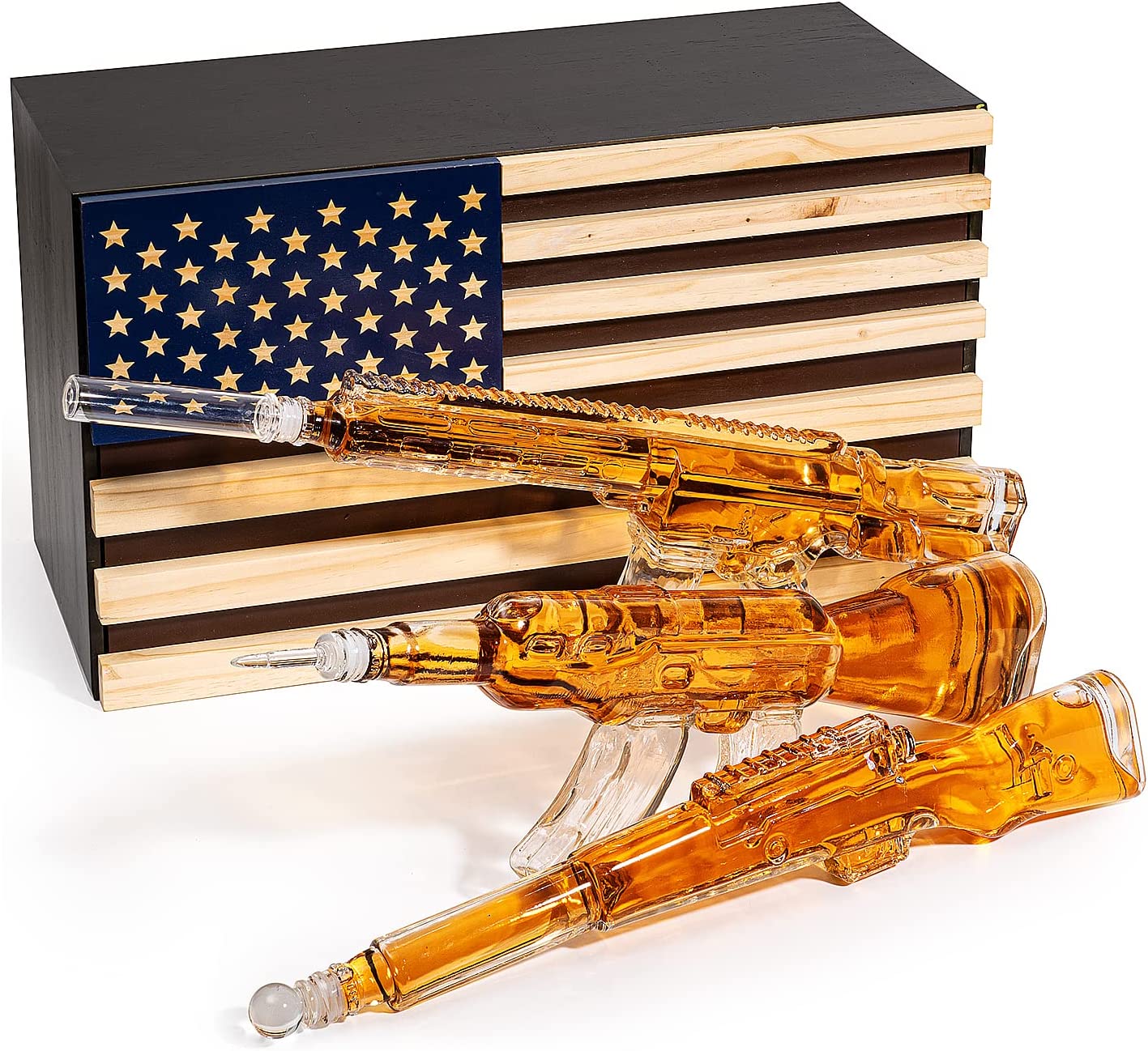3 Gun Whiskey Decanter Set AR15, AK47, & Rifle 1000ml in American Flag Box - POPvault
