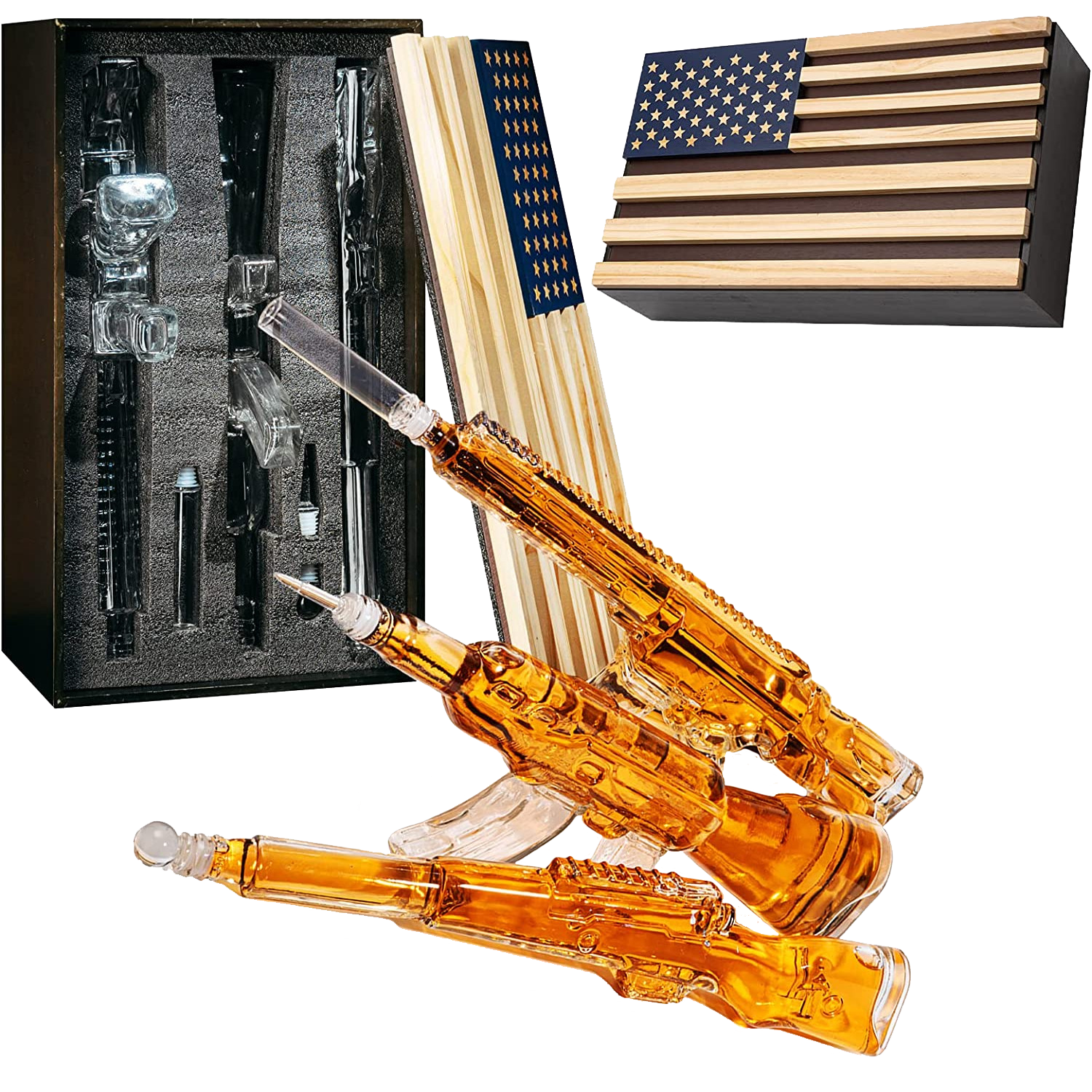 3 Gun Whiskey Decanter Set AR15, AK47, & Rifle 1000ml in American Flag Box - POPvault