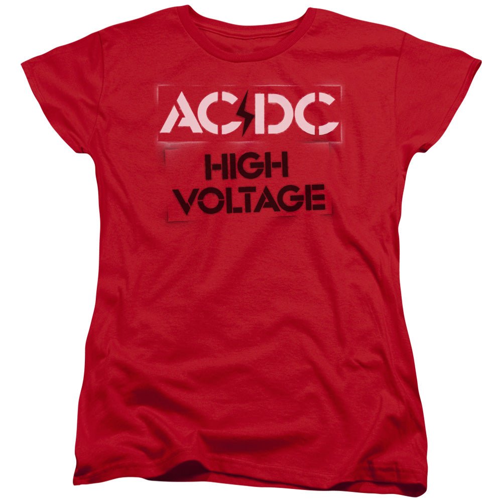 AC/DC High Voltage Stencil Womens T Shirt Red - POPvault