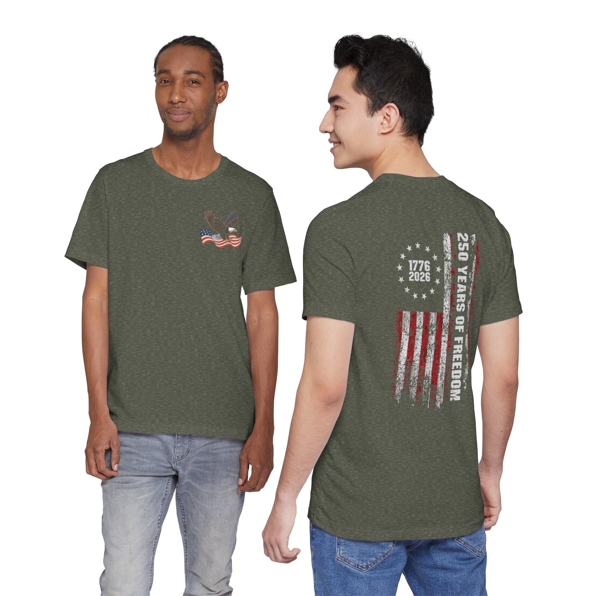 America 250 Commemorative Eagle Front + Vertical Flag Back Unisex Jersey Short Sleeve T-Shirt - POPvault