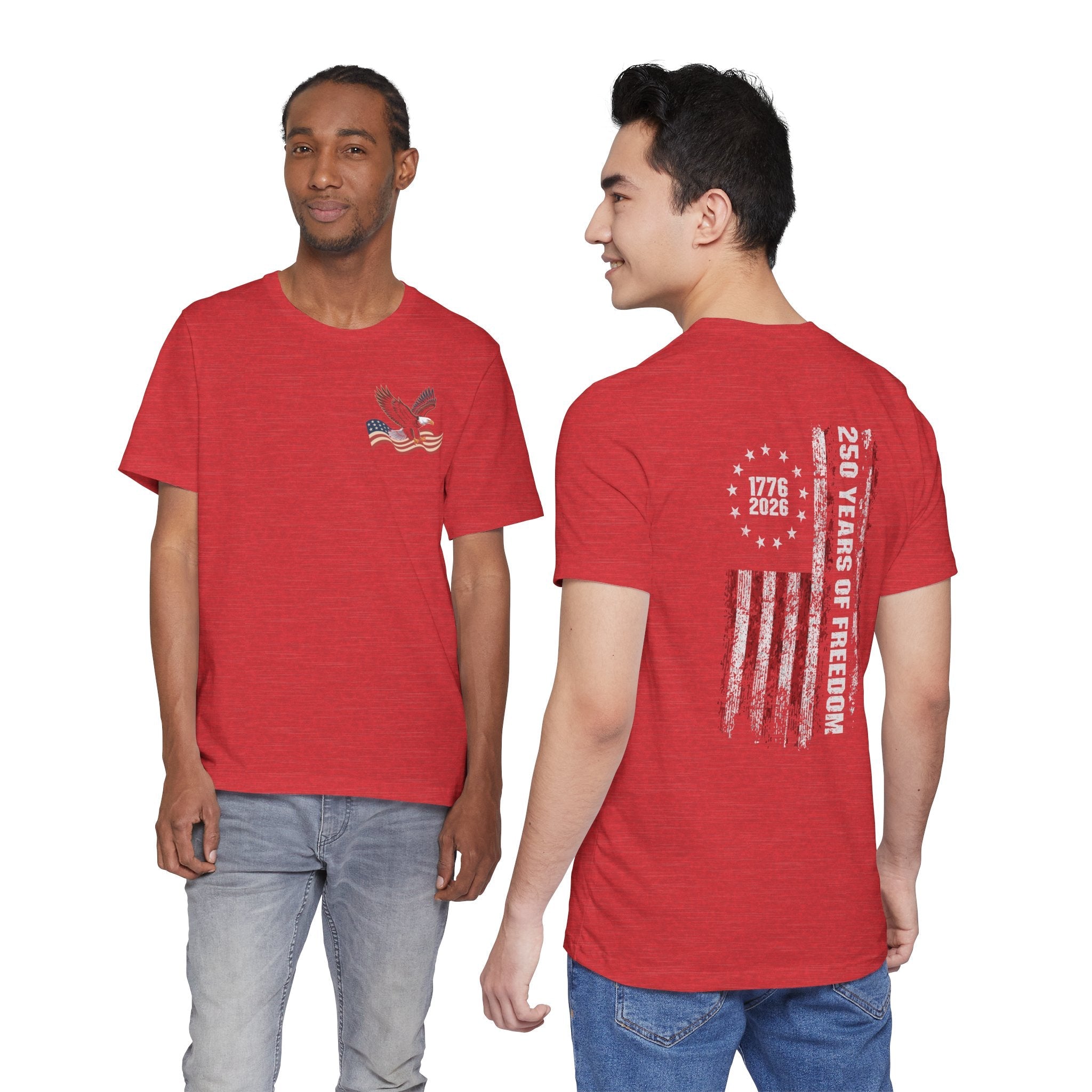 America 250 Commemorative Eagle Front + Vertical Flag Back Unisex Jersey Short Sleeve T-Shirt - POPvault