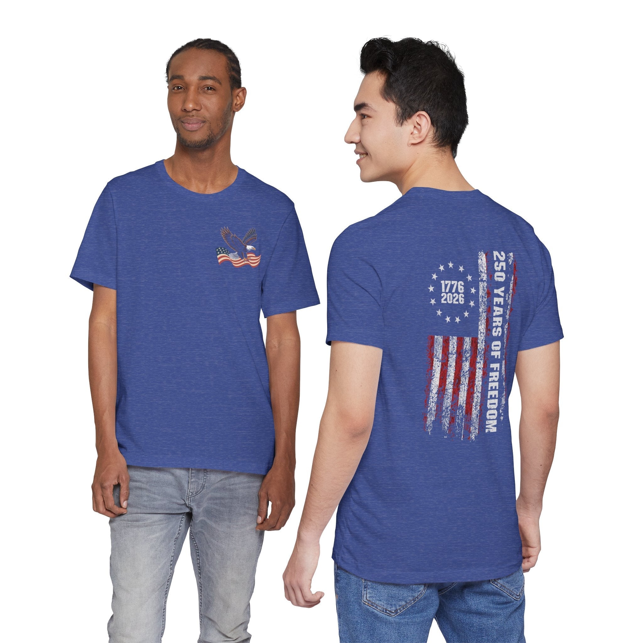 America 250 Commemorative Eagle Front + Vertical Flag Back Unisex Jersey Short Sleeve T-Shirt - POPvault