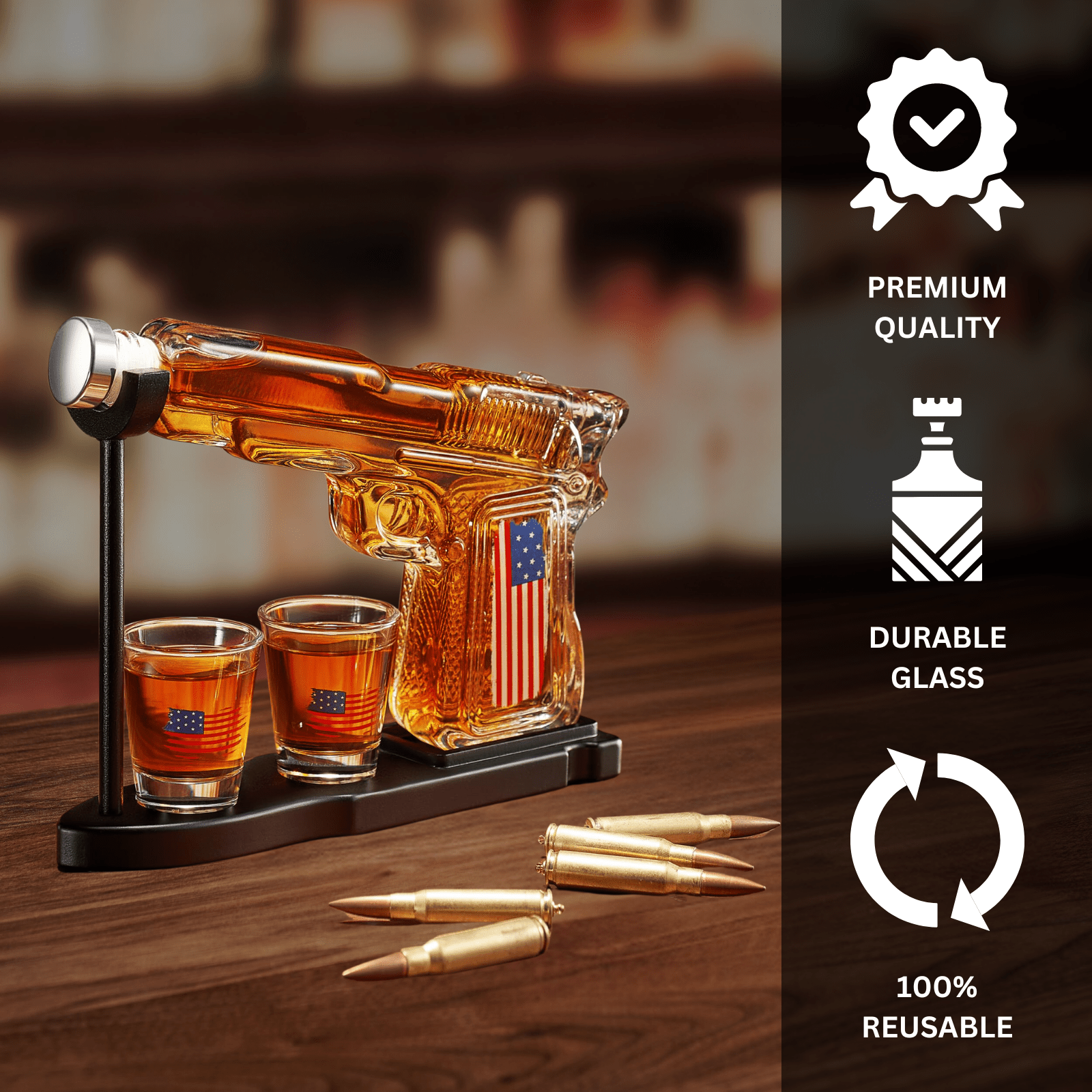American Flag Pistol Whiskey Decanter Set - 8 Oz. with Two 2 Oz. Glasses - POPvault