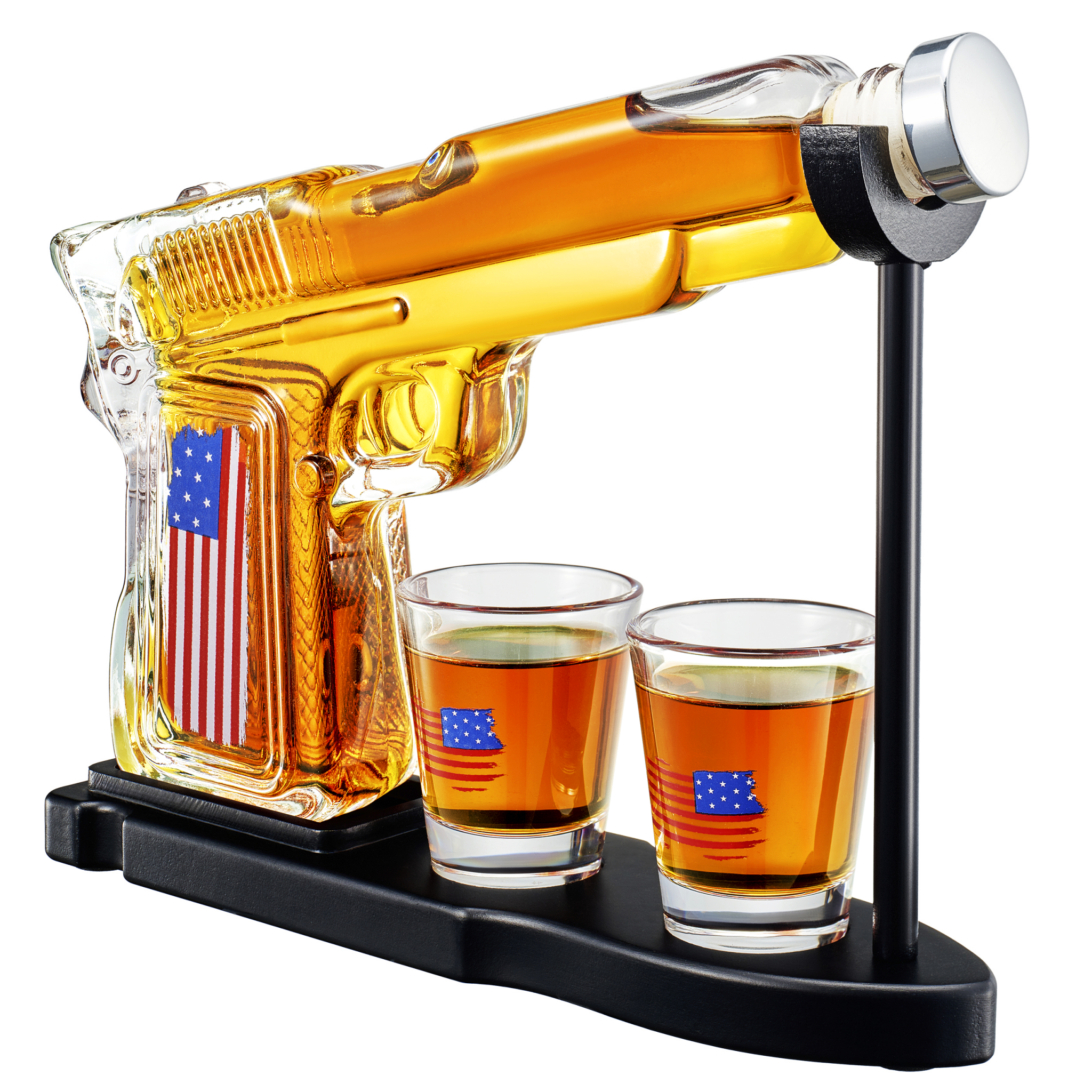 American Flag Pistol Whiskey Decanter Set - 8 Oz. with Two 2 Oz. Glasses - POPvault