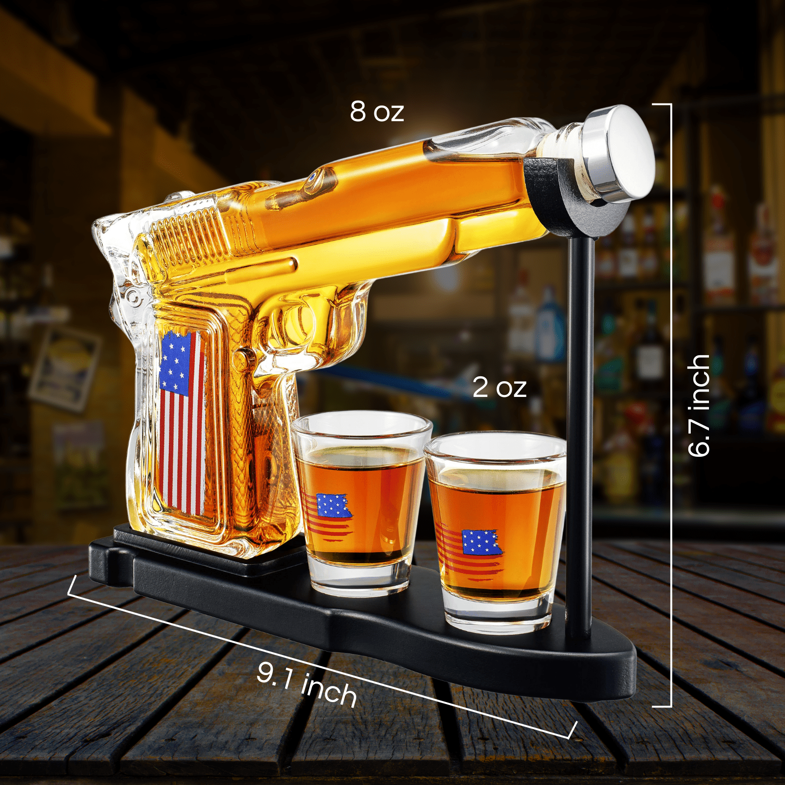 American Flag Pistol Whiskey Decanter Set - 8 Oz. with Two 2 Oz. Glasses - POPvault
