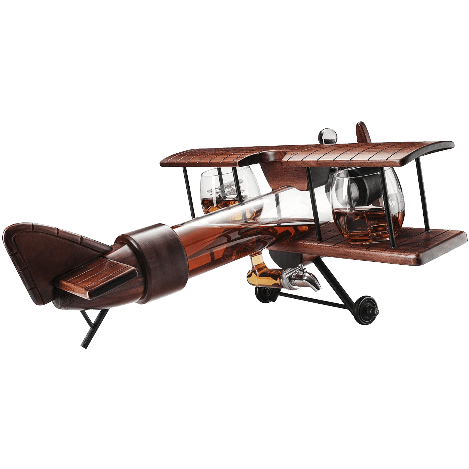 Antique Wood Airplane Whiskey Decanter Set With 2 Airplane Glasses - POPvault