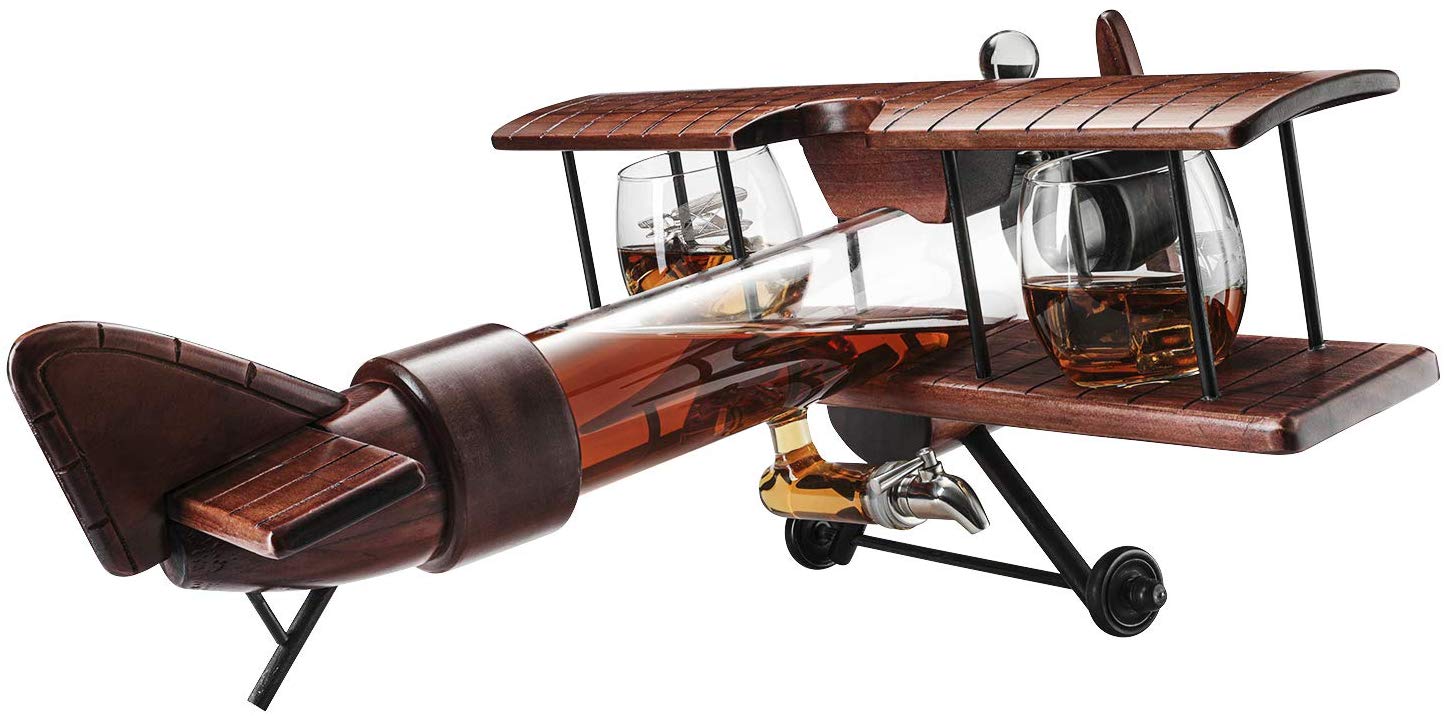 Antique Wood Airplane Whiskey Decanter Set With 2 Airplane Glasses - POPvault