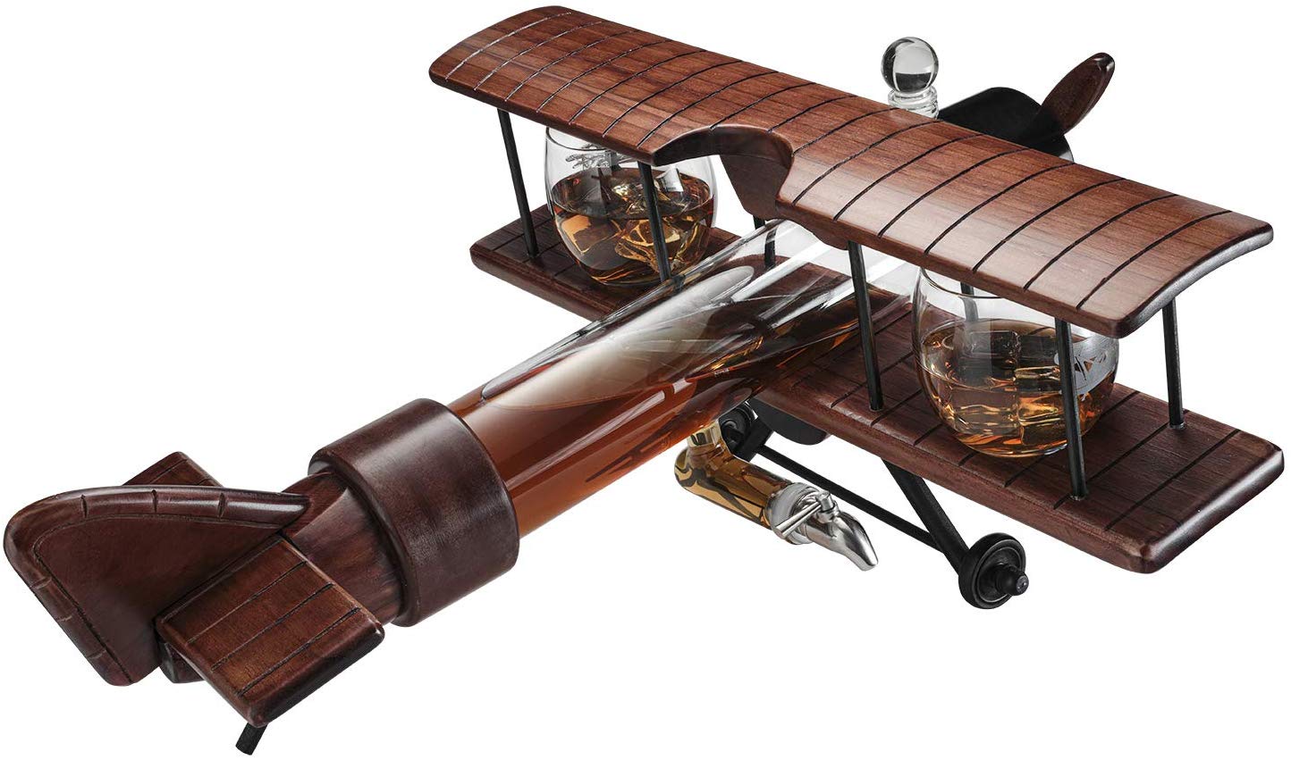Antique Wood Airplane Whiskey Decanter Set With 2 Airplane Glasses - POPvault