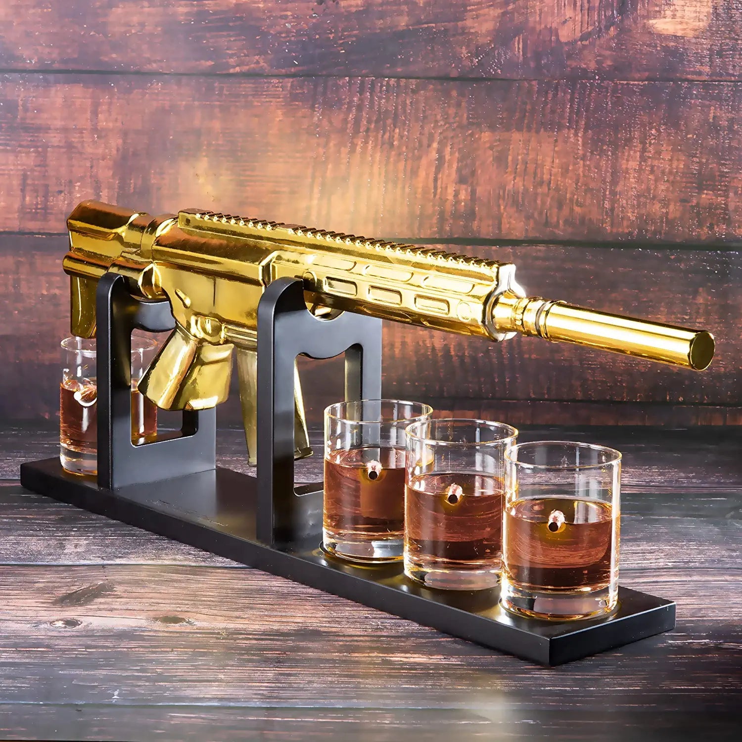 AR15 Gold Whiskey Decanter Set with 4 Bullet Whiskey Glasses - POPvault