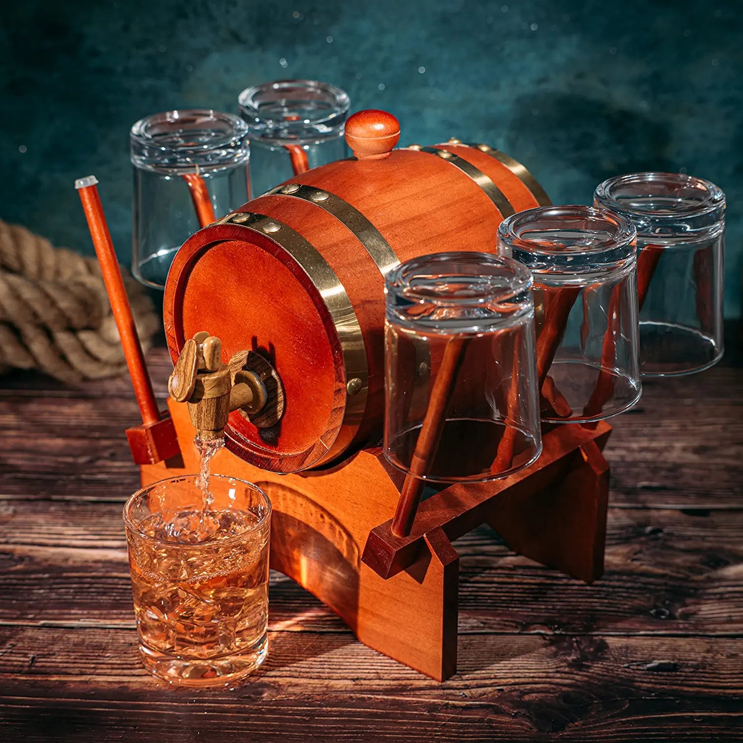Barrel Decanter Set with 6 Whiskey Glasses 1000 ml Mahogany Wood - POPvault