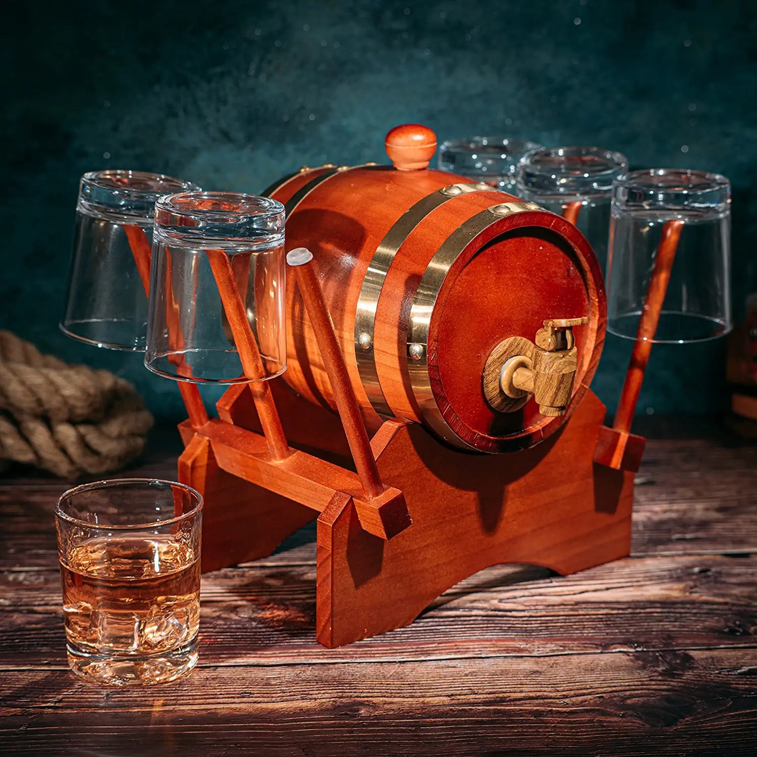 Barrel Decanter Set with 6 Whiskey Glasses 1000 ml Mahogany Wood - POPvault