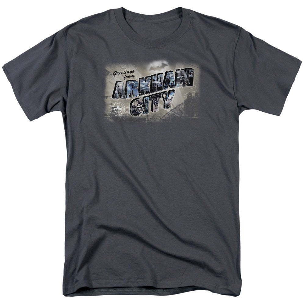 Batman Arkham City Greetings From Arkham Mens T Shirt Charcoal Officially Licensed - POPvault