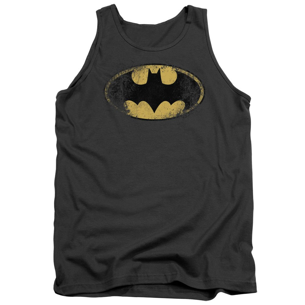 Batman Destroyed Logo Mens Tank Top Shirt Charcoal Officially Licensed - POPvault