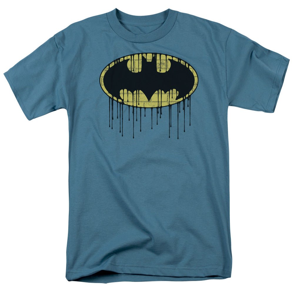 Batman Dripping Brick Wall Shield Mens T Shirt Slate Officially Licensed - POPvault