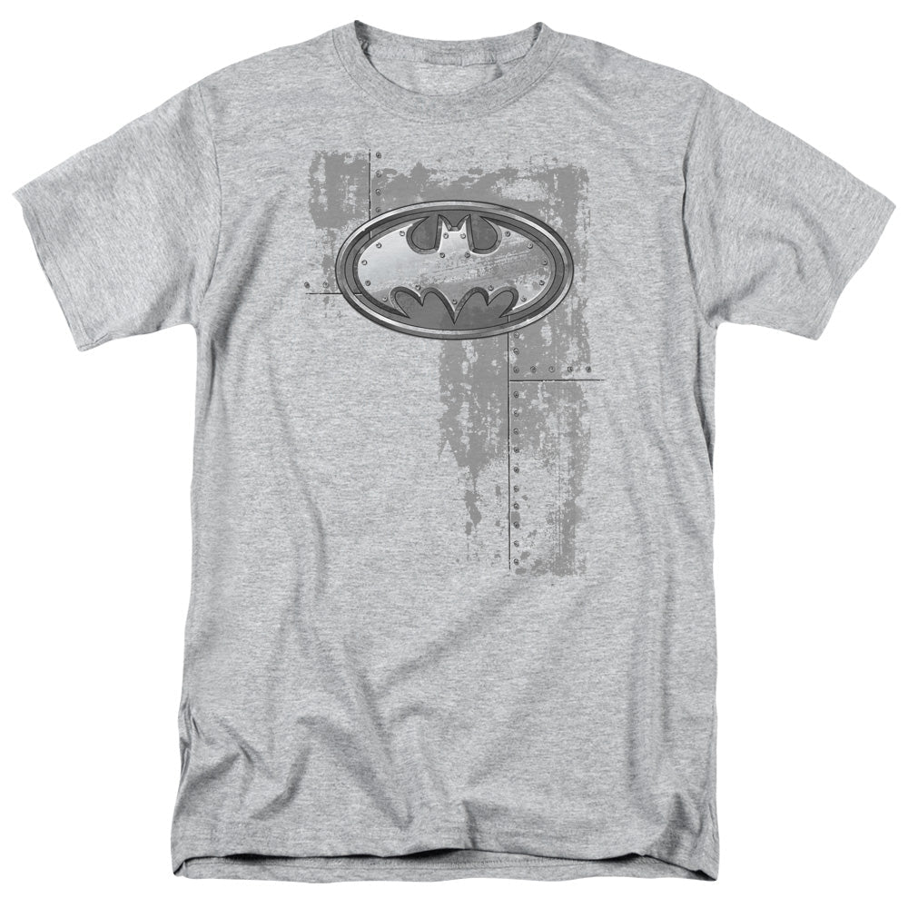 Batman Rivited Metal Logo Mens T Shirt Athletic Heather Officially Licensed - POPvault