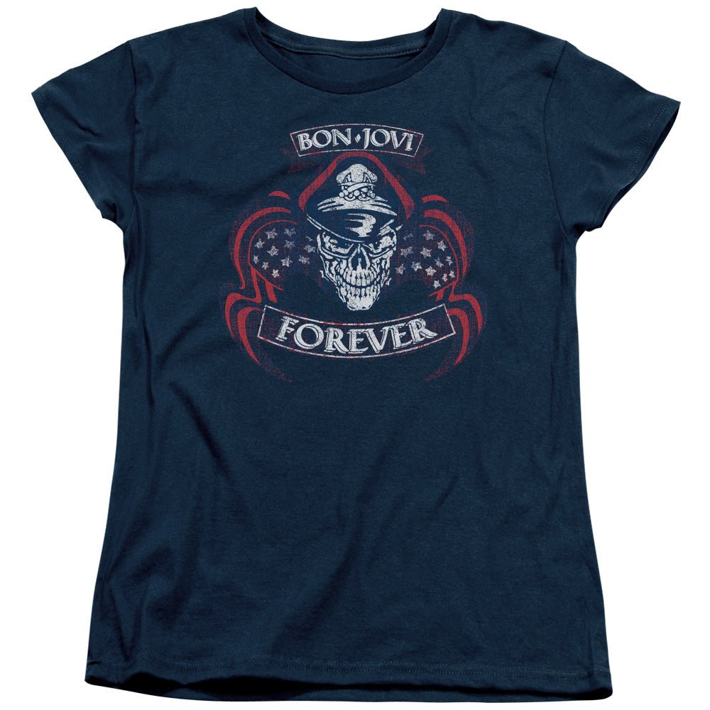 Bon Jovi Forever Skull Womens T Shirt Navy Blue - POPvault