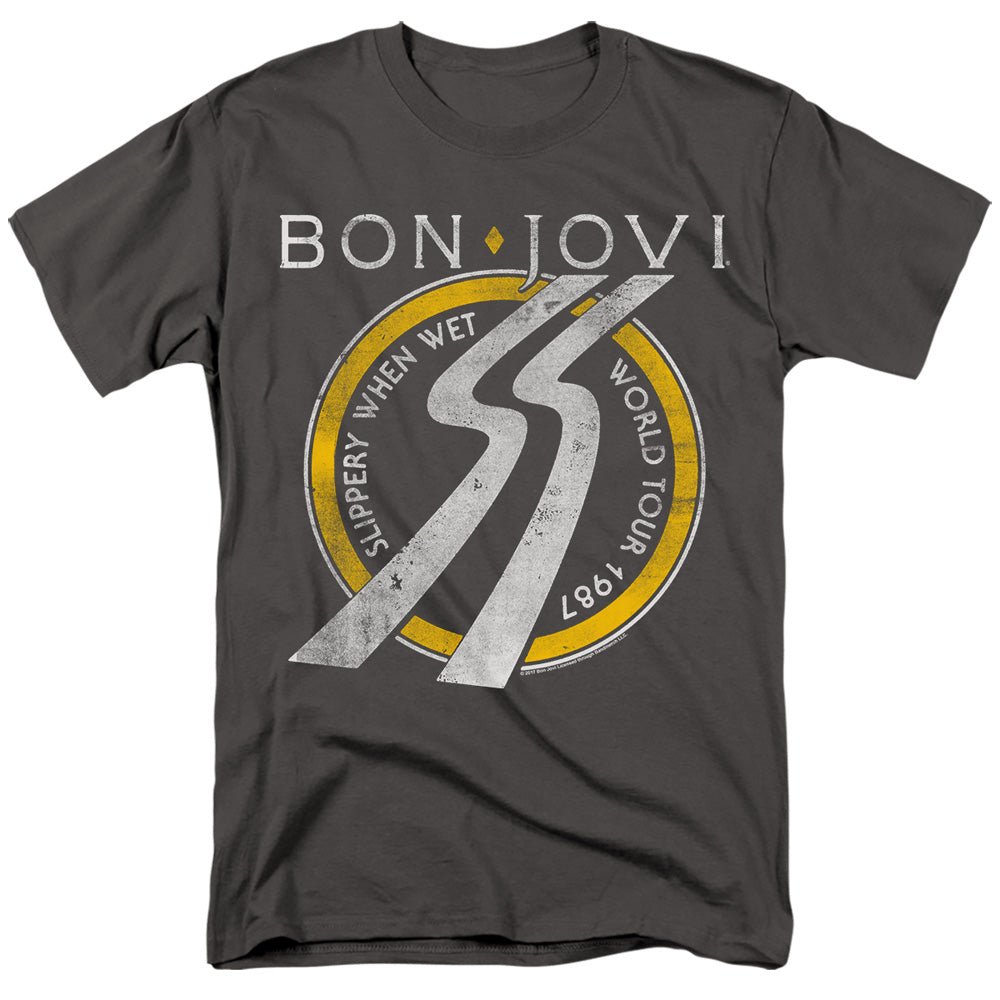 Bon Jovi Slippery When Wet World Tour Mens T Shirt Charcoal - POPvault
