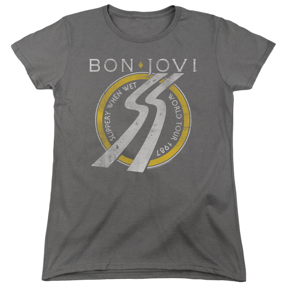 Bon Jovi Slippery When Wet World Tour Womens T Shirt Charcoal - POPvault