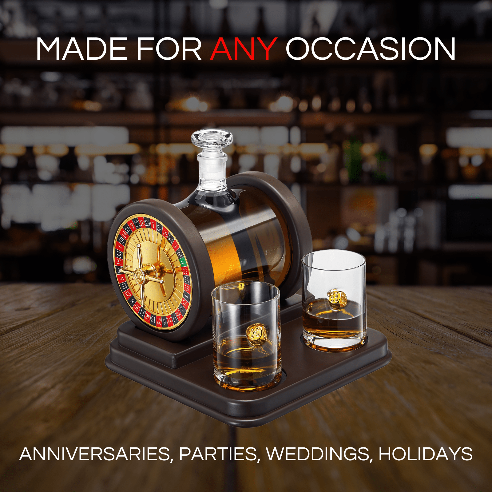 Casino Roulette 67.6 Oz. Wood Whiskey Decanter Set With 2 10 Oz. Dice Whiskey Glasses - POPvault