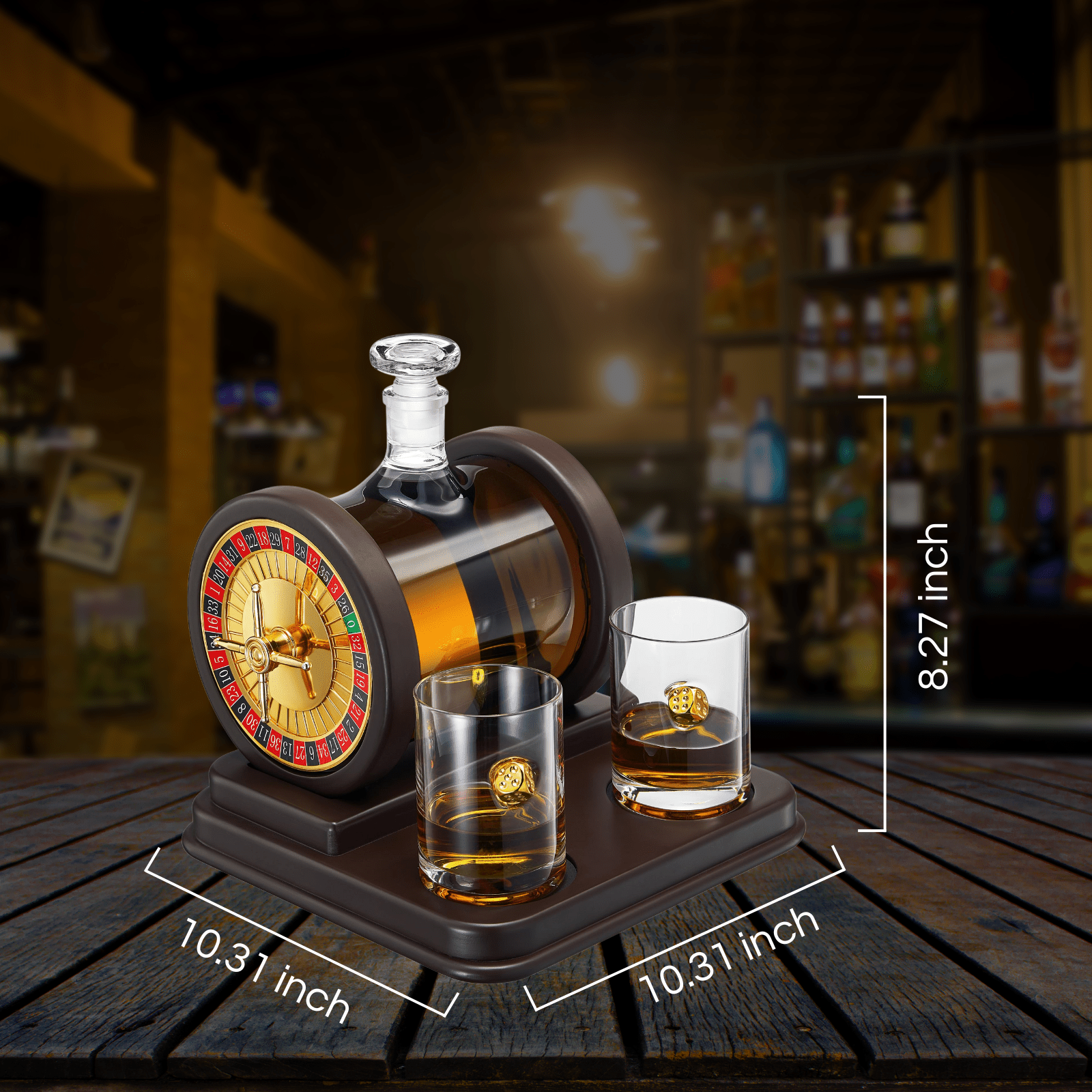Casino Roulette 67.6 Oz. Wood Whiskey Decanter Set With 2 10 Oz. Dice Whiskey Glasses - POPvault