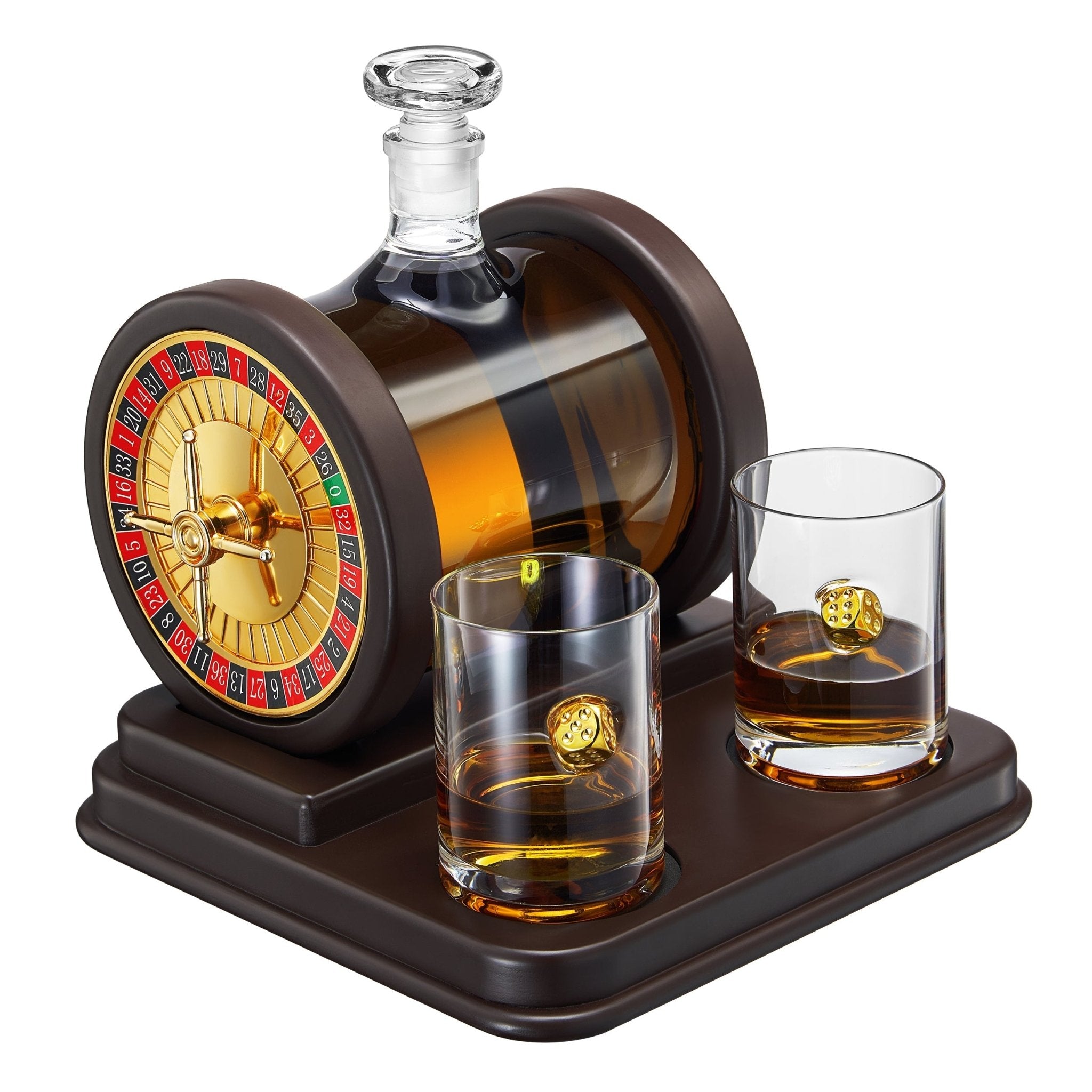 Casino Roulette 67.6 Oz. Wood Whiskey Decanter Set With 2 10 Oz. Dice Whiskey Glasses - POPvault