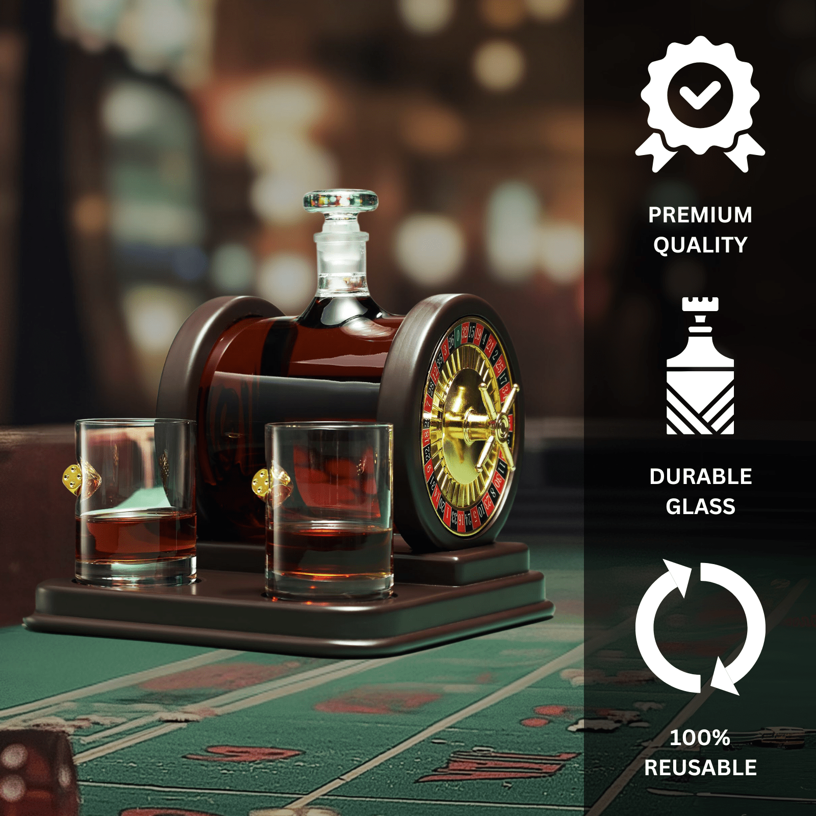 Casino Roulette 67.6 Oz. Wood Whiskey Decanter Set With 2 10 Oz. Dice Whiskey Glasses - POPvault