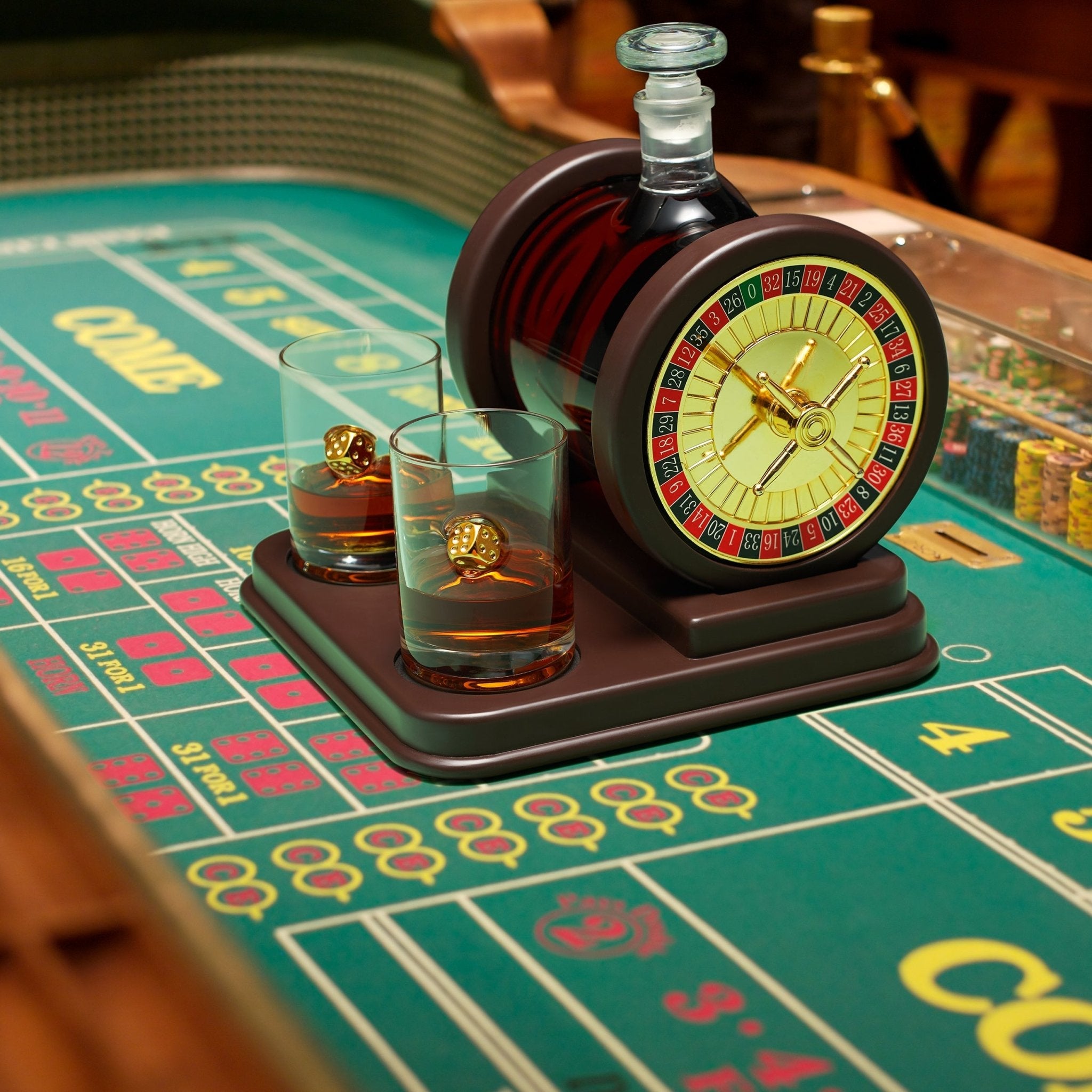 Casino Roulette 67.6 Oz. Wood Whiskey Decanter Set With 2 10 Oz. Dice Whiskey Glasses - POPvault