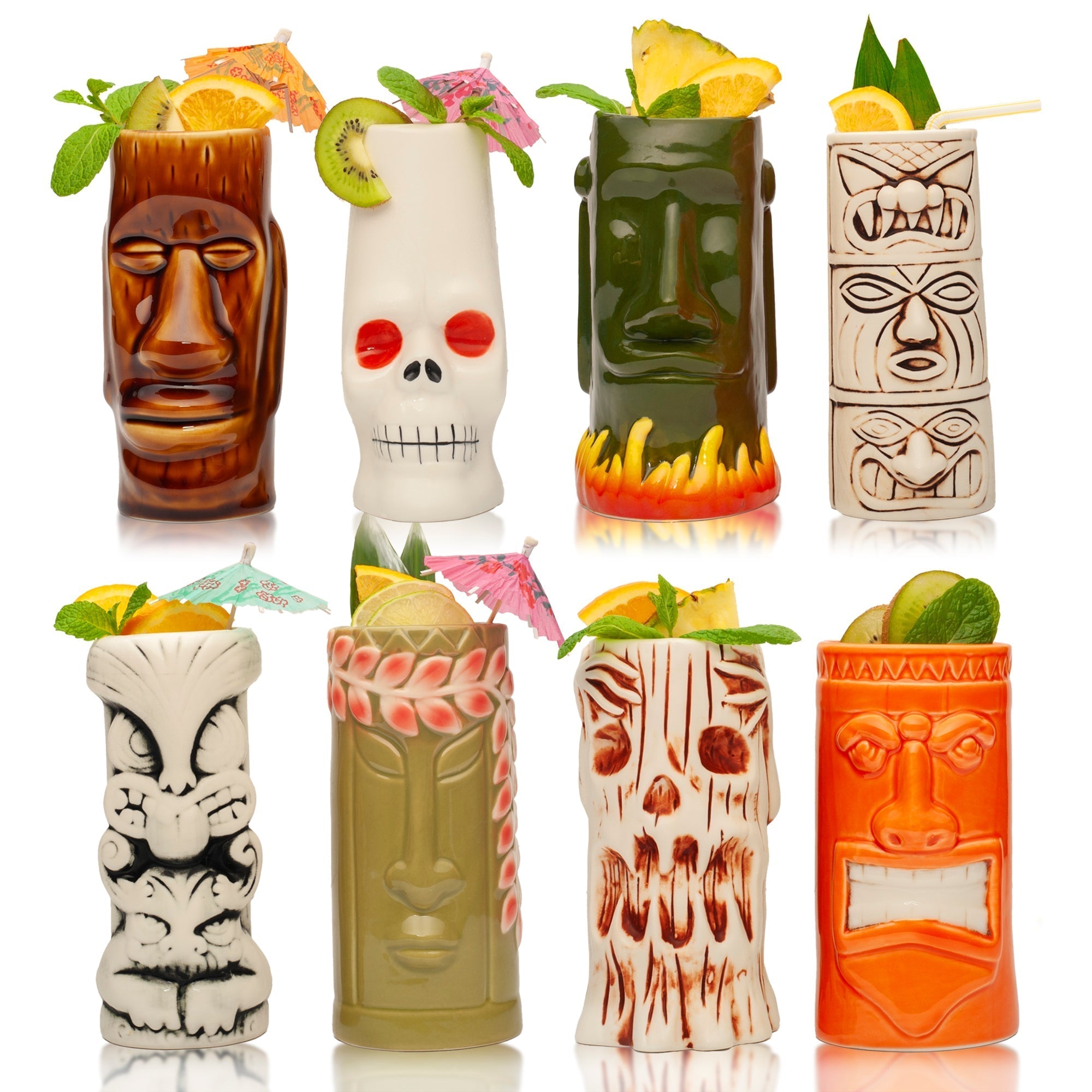 Ceramic Tiki Mugs, Set of 8 - 18 - 23.5oz - Perfect for Exotic Cocktails, Iced Tea, Soda, Mai Tai, Long Island - POPvault