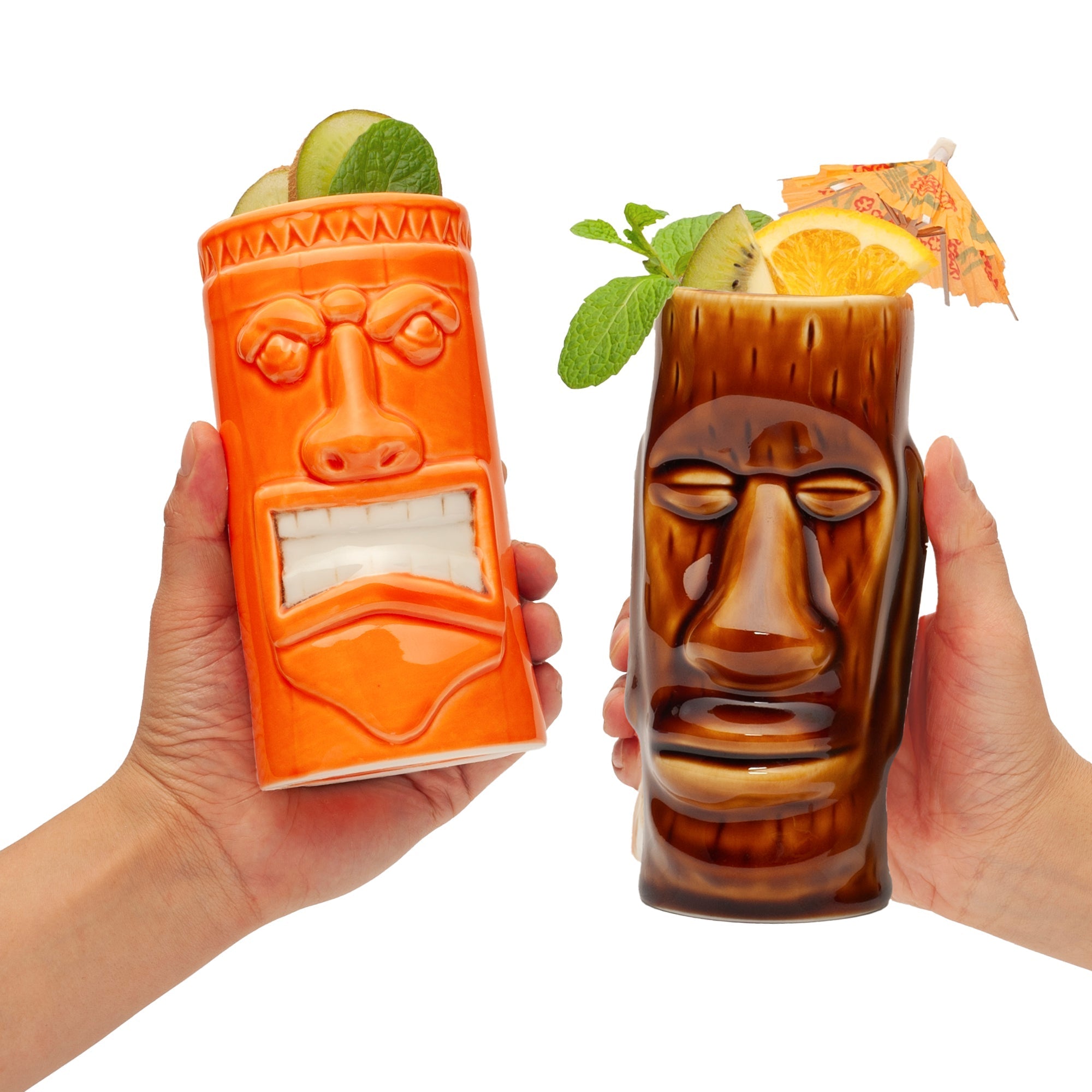 Ceramic Tiki Mugs, Set of 8 - 18 - 23.5oz - Perfect for Exotic Cocktails, Iced Tea, Soda, Mai Tai, Long Island - POPvault