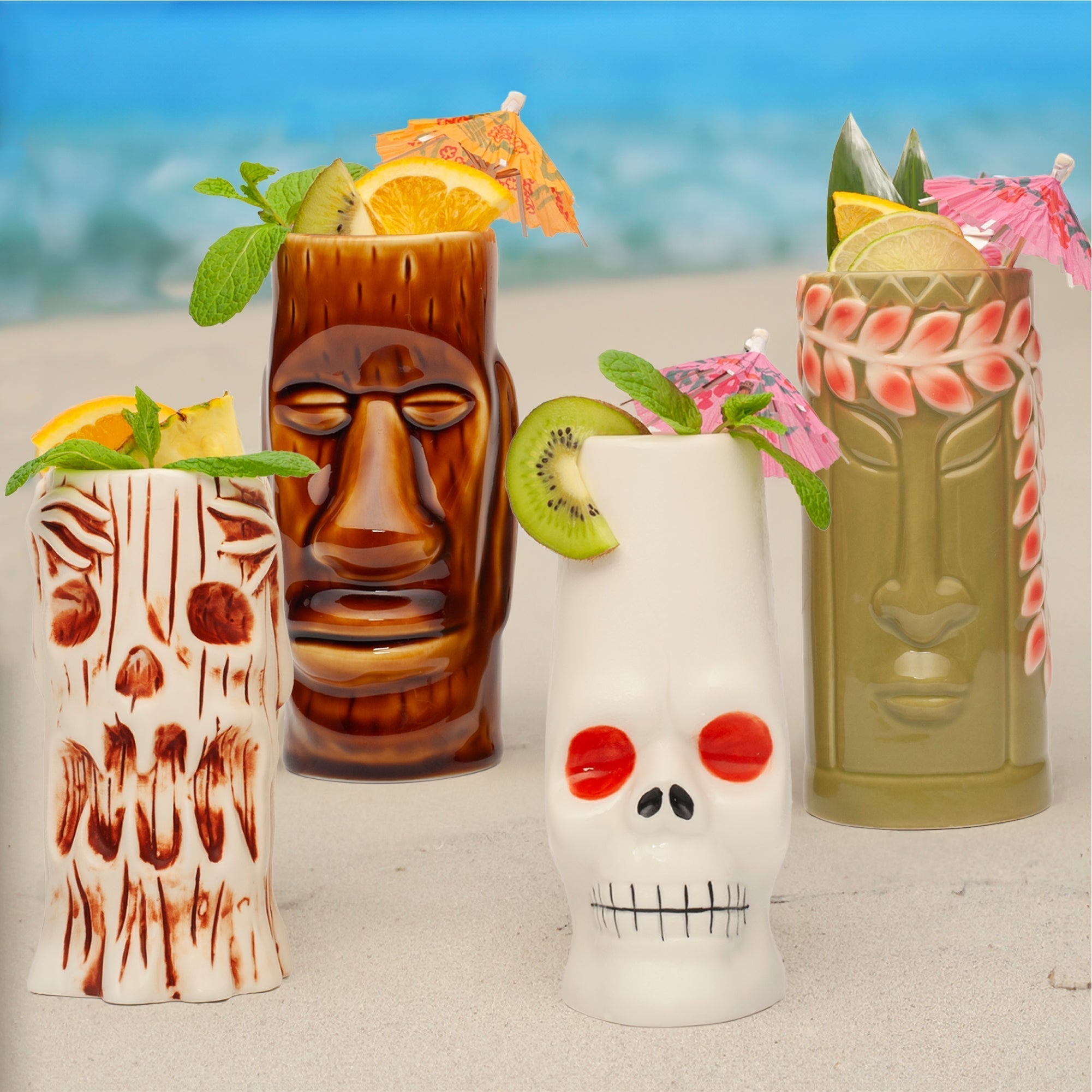 Ceramic Tiki Mugs, Set of 8 - 18 - 23.5oz - Perfect for Exotic Cocktails, Iced Tea, Soda, Mai Tai, Long Island - POPvault