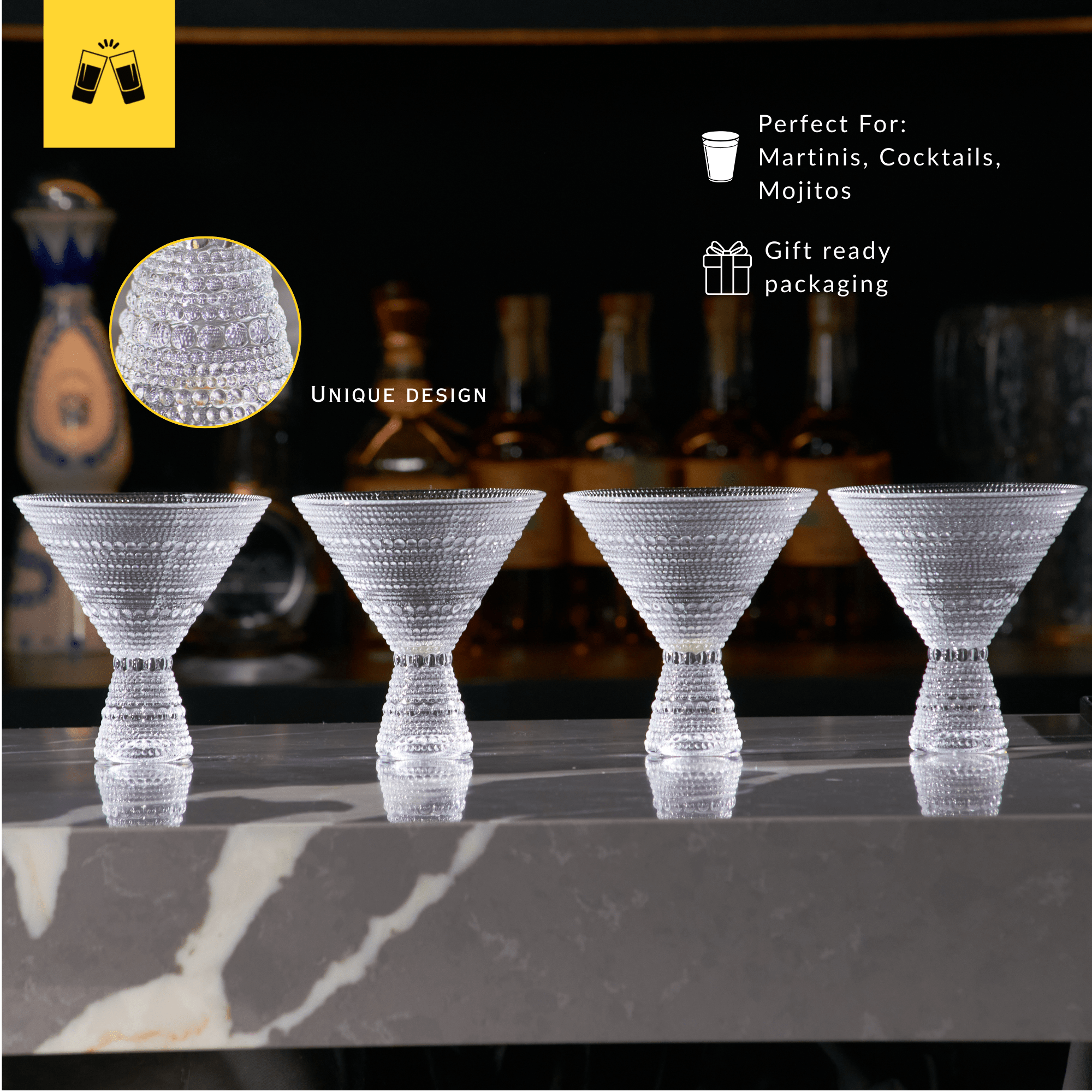 Clear Hobnail Martini Glasses - Embossed Martini Glasses - 9oz - POPvault