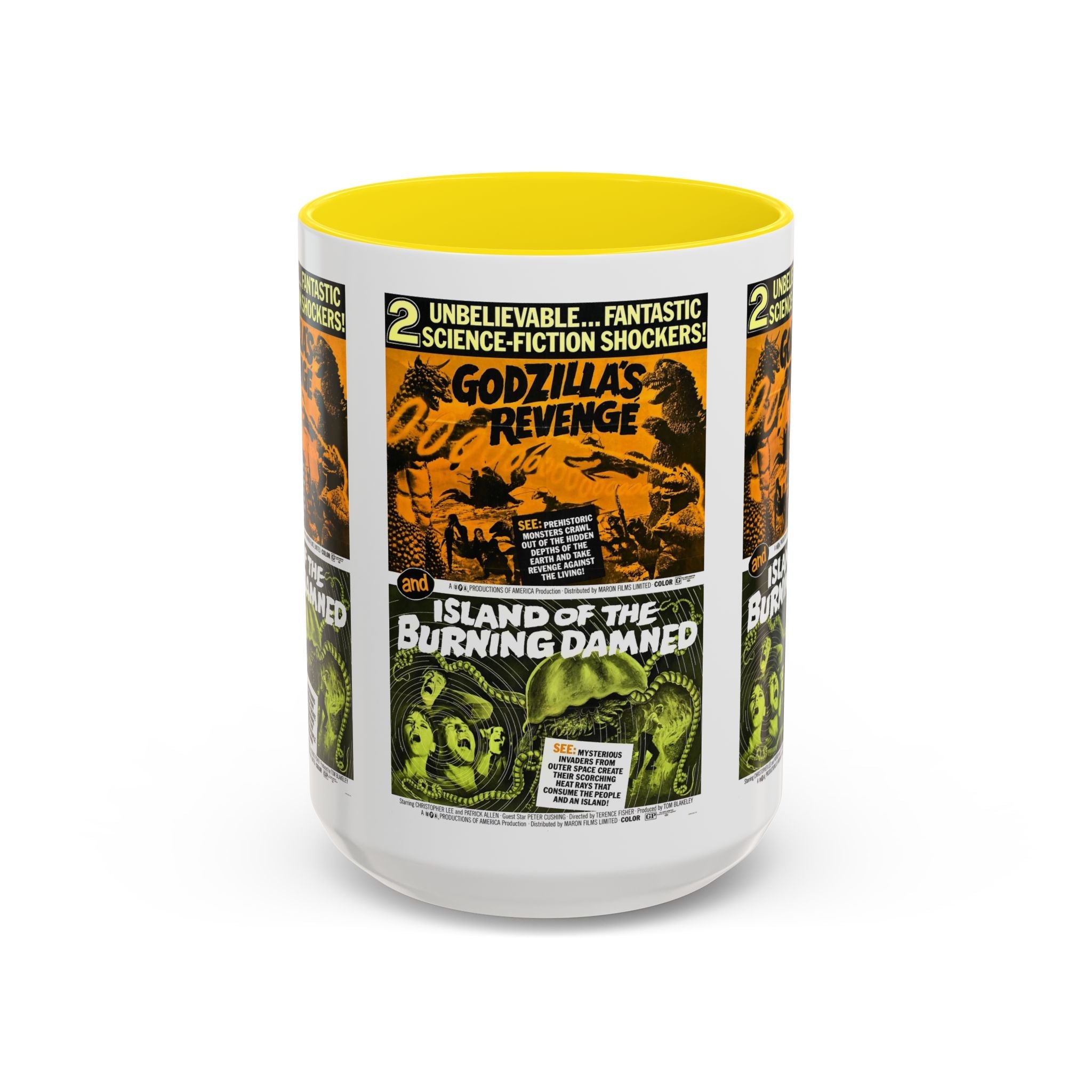 Cult Classic Movie Poster Art Accent Coffee Mug (11, 15oz) - Godzilla's Revenge 1971 | Island Of The Burning Damned 1967 - POPvault