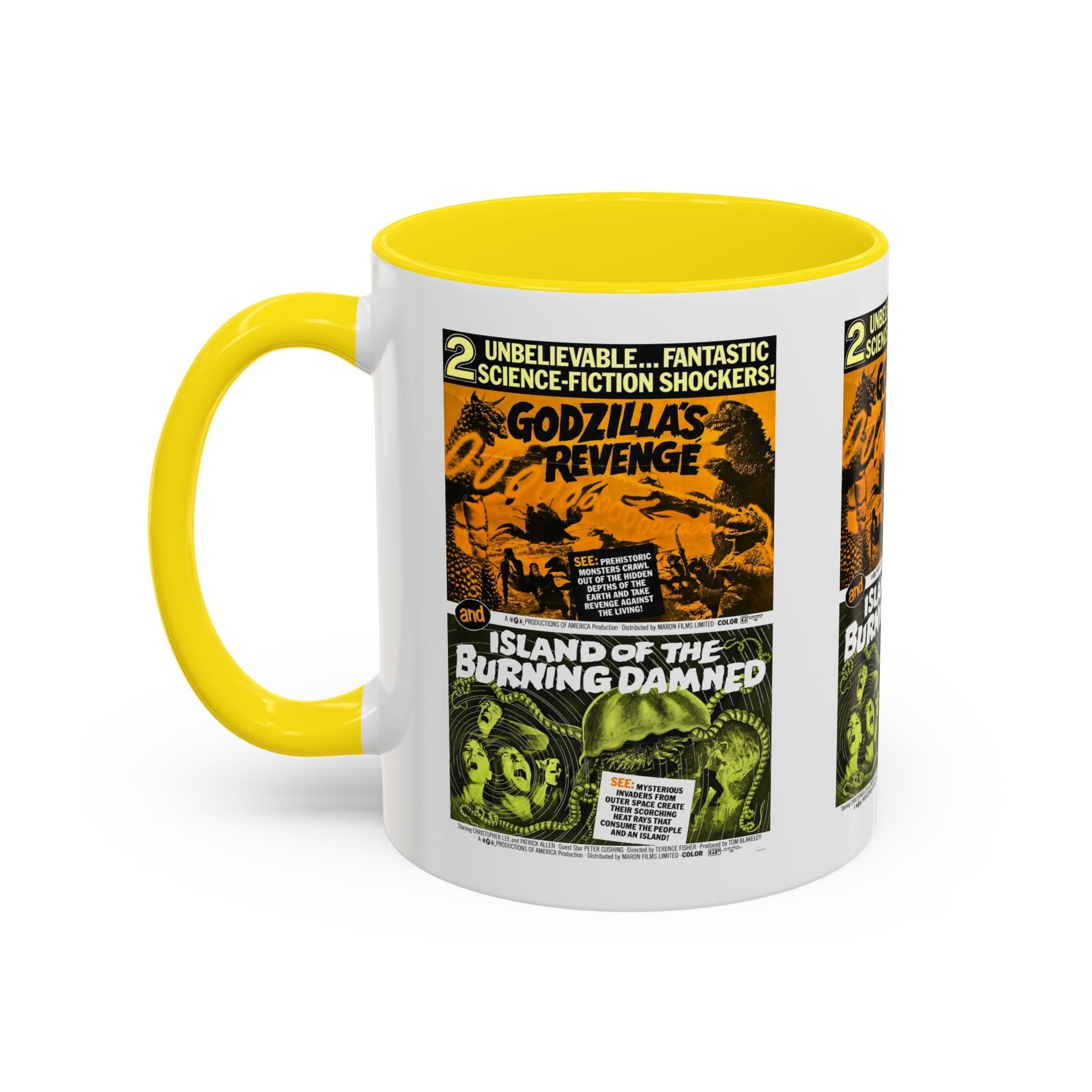 Cult Classic Movie Poster Art Accent Coffee Mug (11, 15oz) - Godzilla's Revenge 1971 | Island Of The Burning Damned 1967 - POPvault