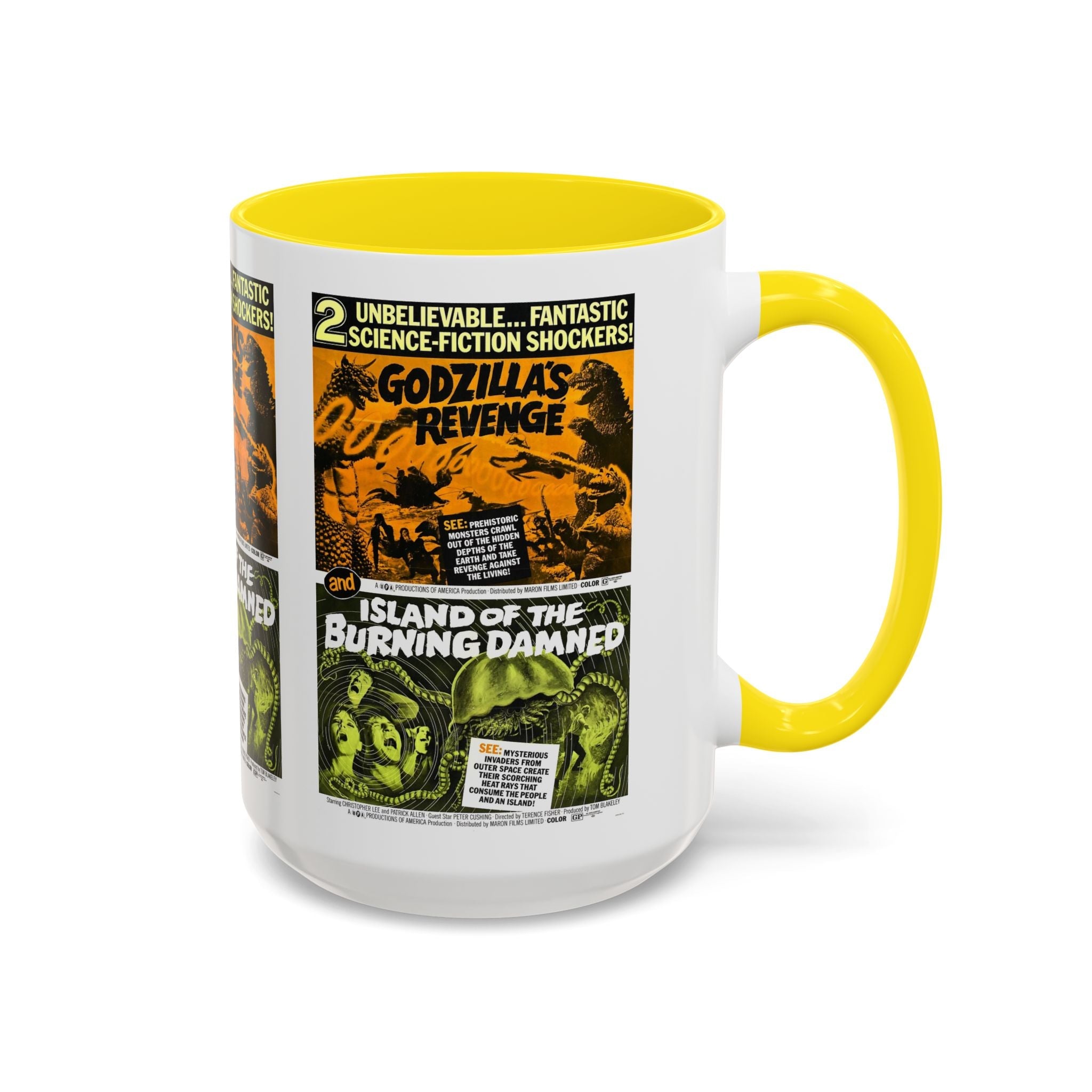 Cult Classic Movie Poster Art Accent Coffee Mug (11, 15oz) - Godzilla's Revenge 1971 | Island Of The Burning Damned 1967 - POPvault