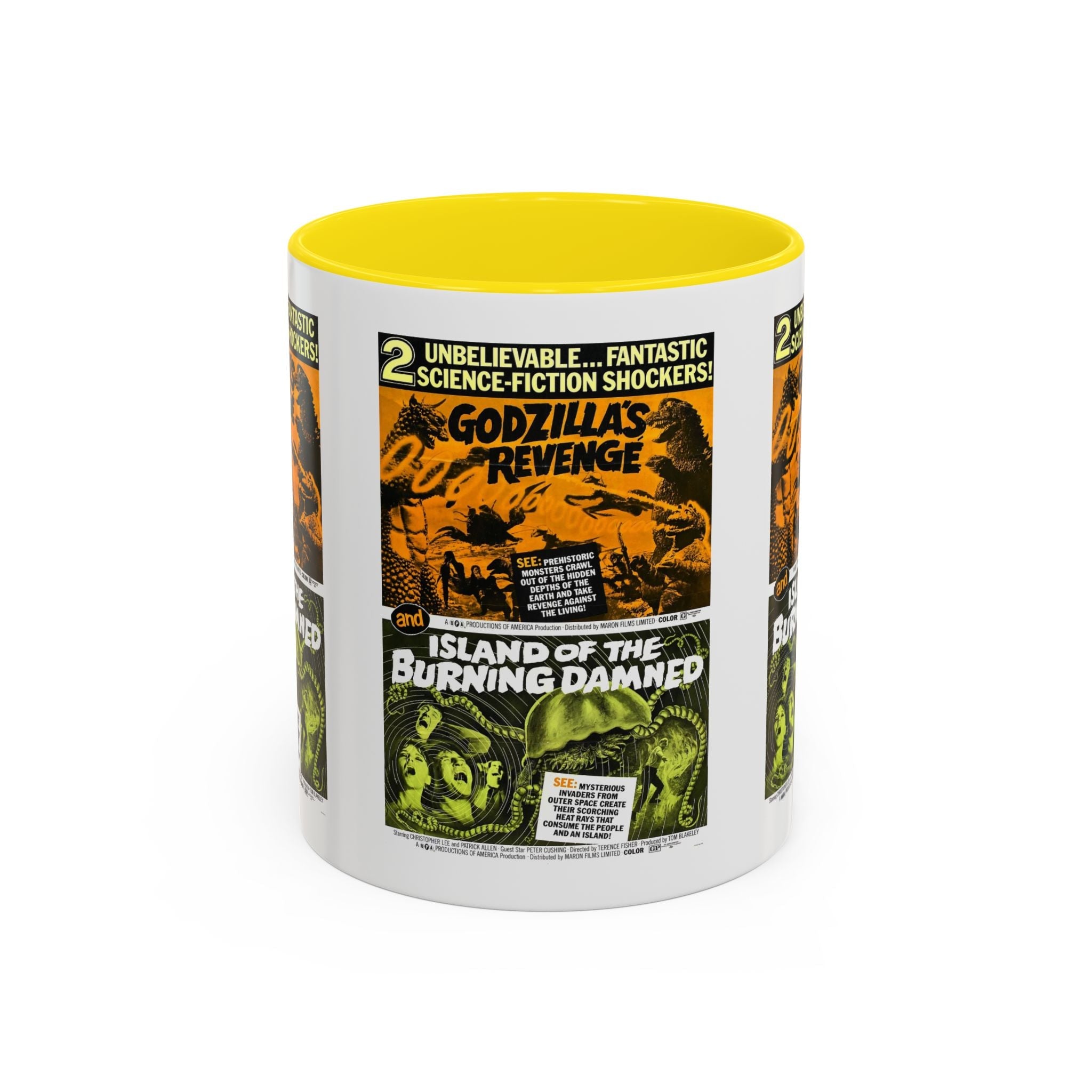 Cult Classic Movie Poster Art Accent Coffee Mug (11, 15oz) - Godzilla's Revenge 1971 | Island Of The Burning Damned 1967 - POPvault