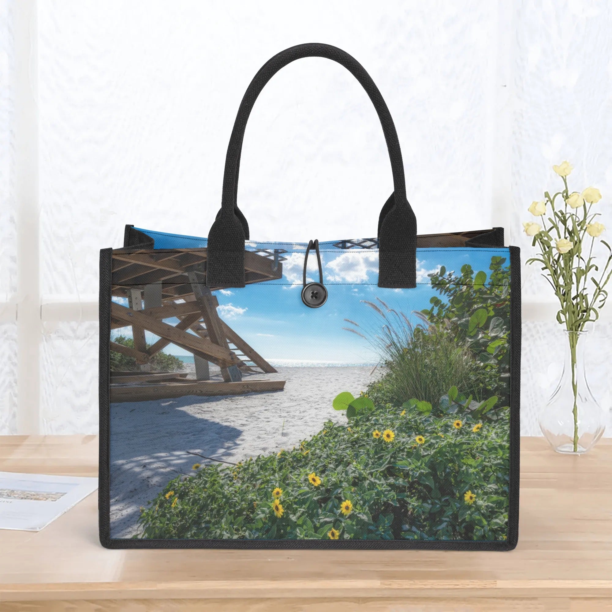 Custom Beach Life Vistas Beach Flowers Premium All - Over Print Canvas Tote Bag - POPvault