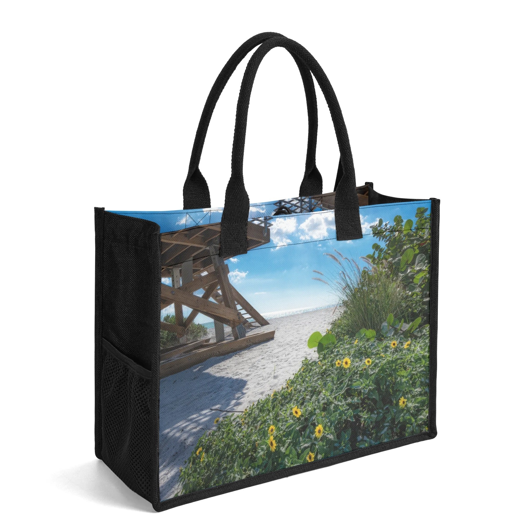 Custom Beach Life Vistas Beach Flowers Premium All - Over Print Canvas Tote Bag - POPvault