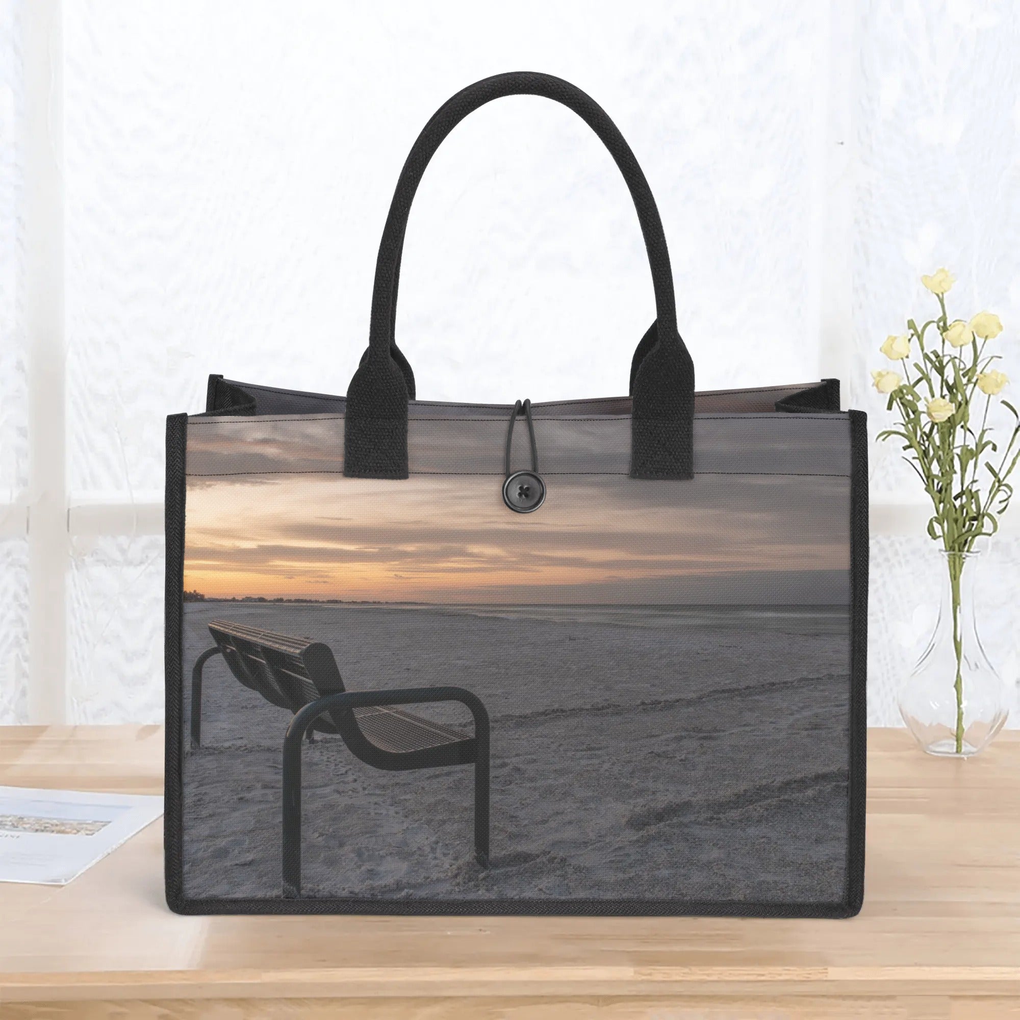 Custom Beach Life Vistas Bench at Sunrise Premium All - Over Print Canvas Tote Bag - POPvault