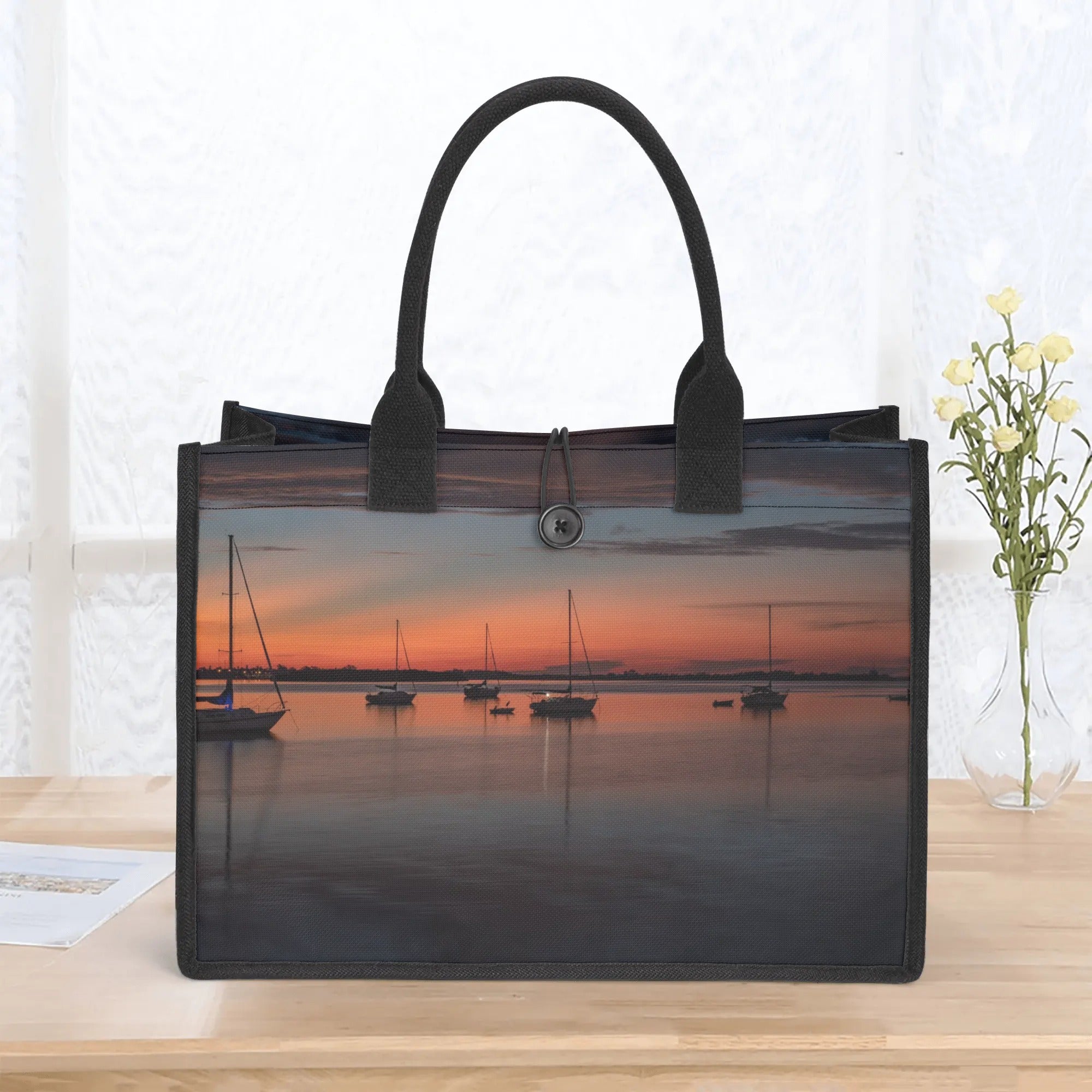 Custom Beach Life Vistas Big Red Sunrise Premium All - Over Print Canvas Tote Bag - POPvault