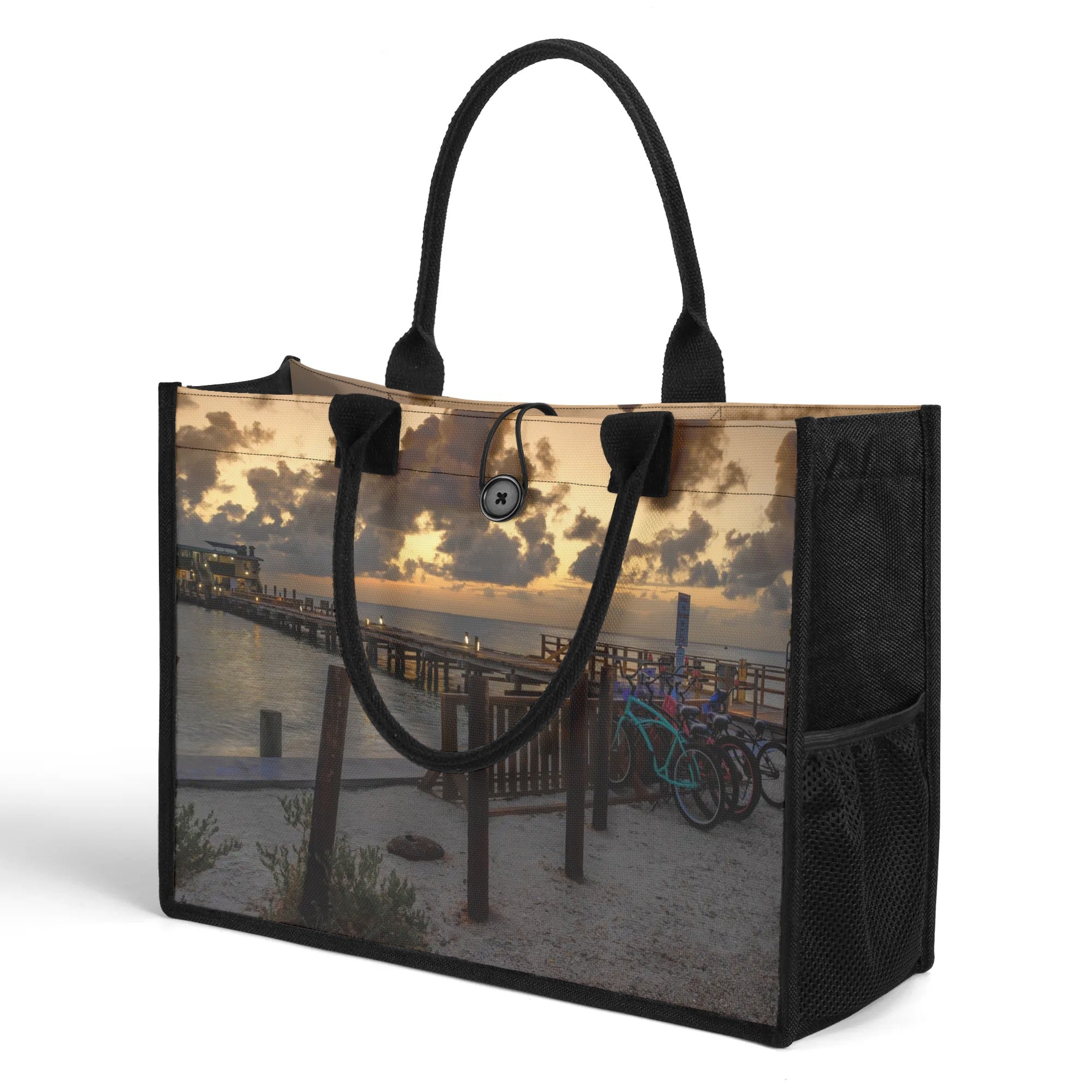 Custom Beach Life Vistas Bike Sunrise Premium All - Over Print Canvas Tote Bag - POPvault