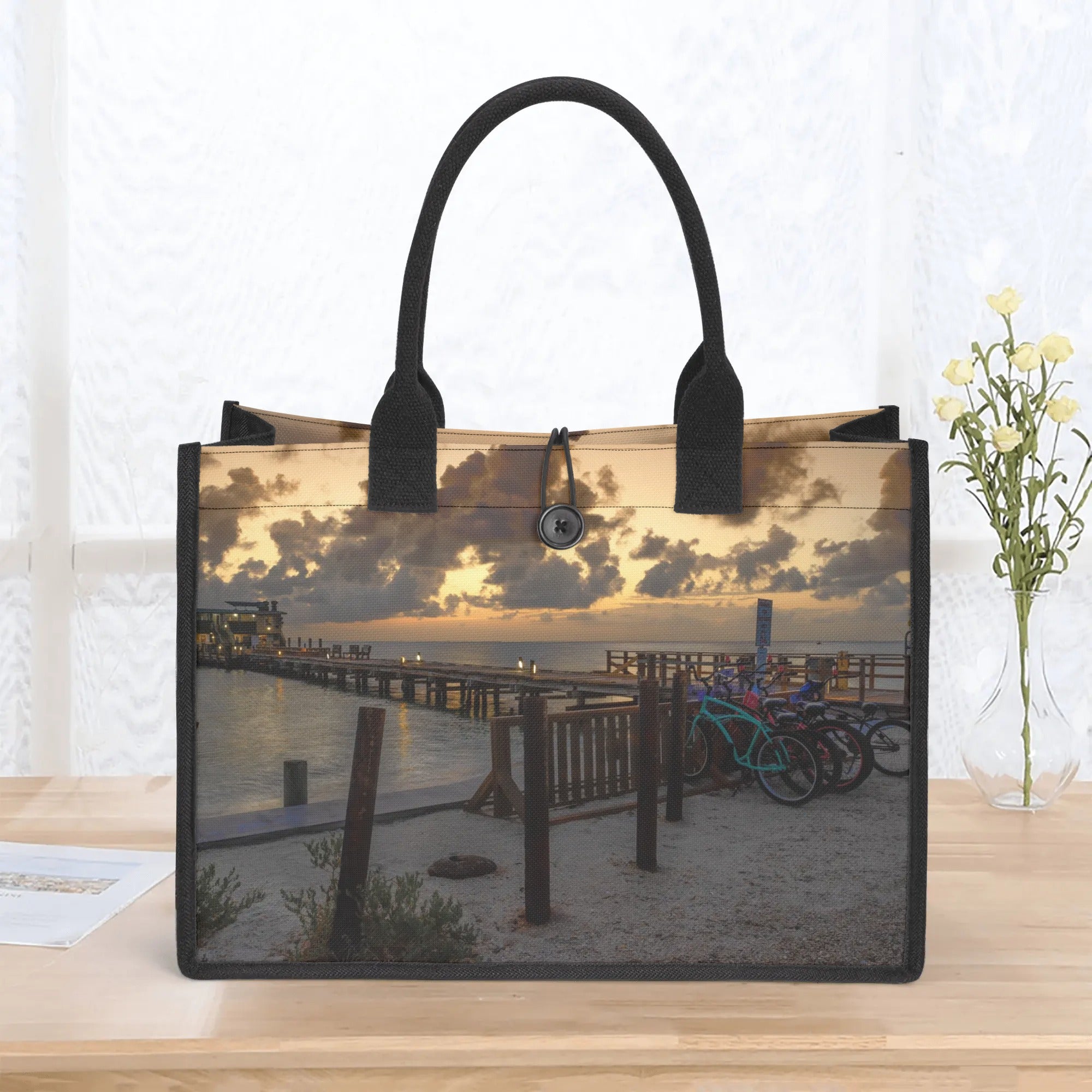 Custom Beach Life Vistas Bike Sunrise Premium All - Over Print Canvas Tote Bag - POPvault