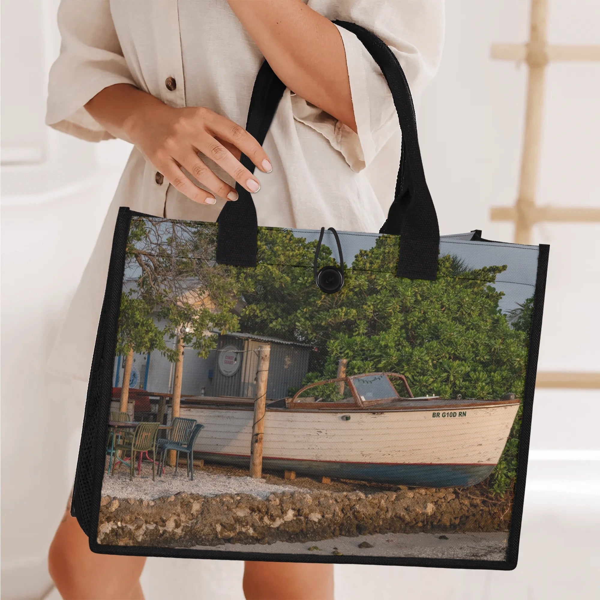 Custom Beach Life Vistas Boat Bar Premium All - Over Print Canvas Tote Bag - POPvault