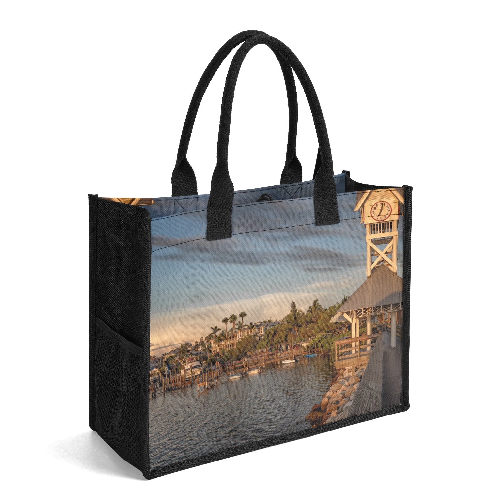 Custom Beach Life Vistas Clock Tower Premium All - Over Print Canvas Tote Bag - POPvault