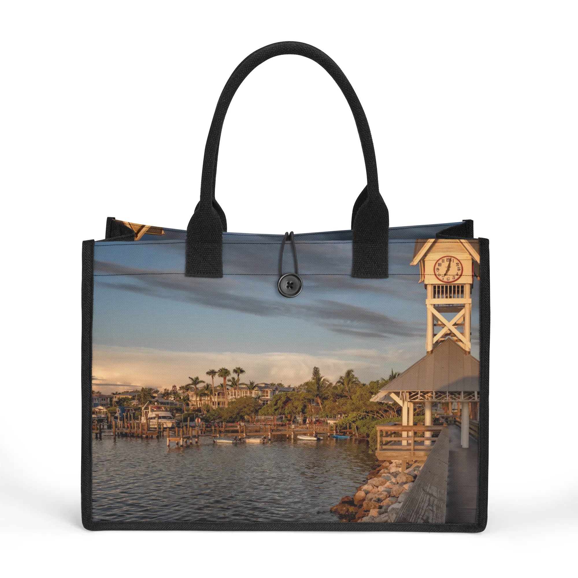 Custom Beach Life Vistas Clock Tower Premium All - Over Print Canvas Tote Bag - POPvault