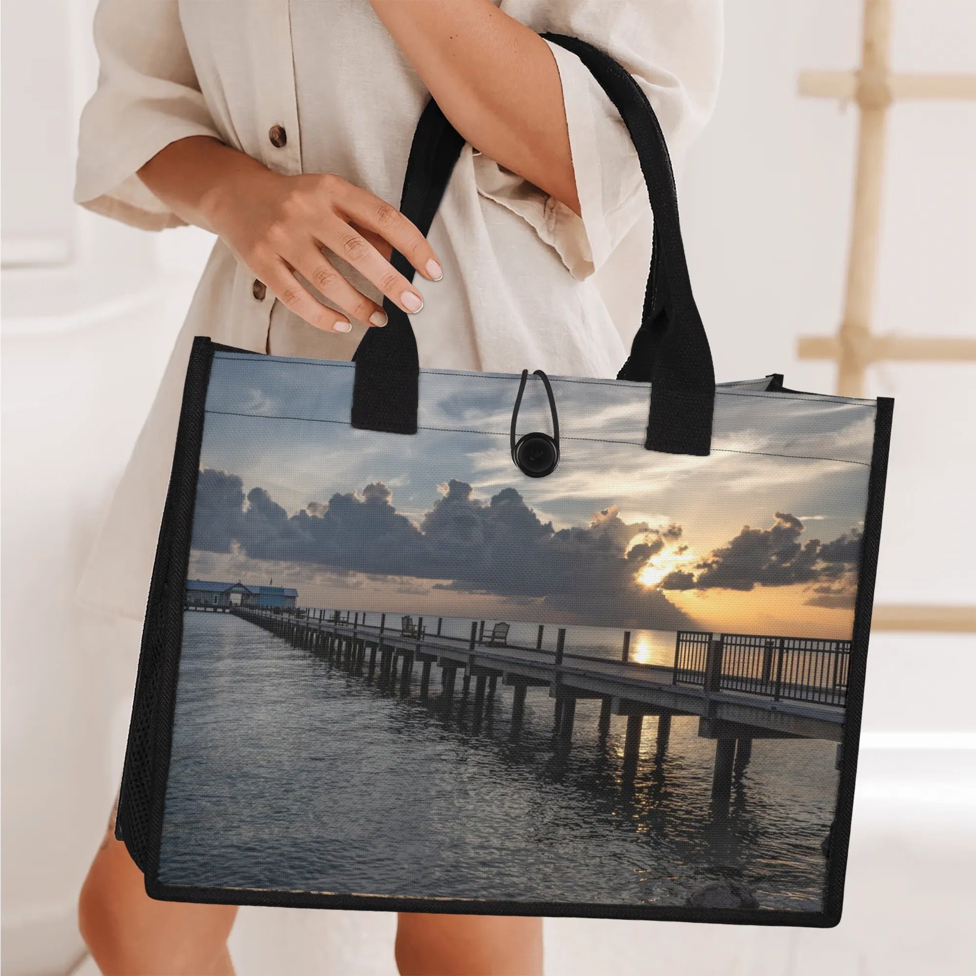 Custom Beach Life Vistas Early Beach Sun Premium All - Over Print Canvas Tote Bag - POPvault