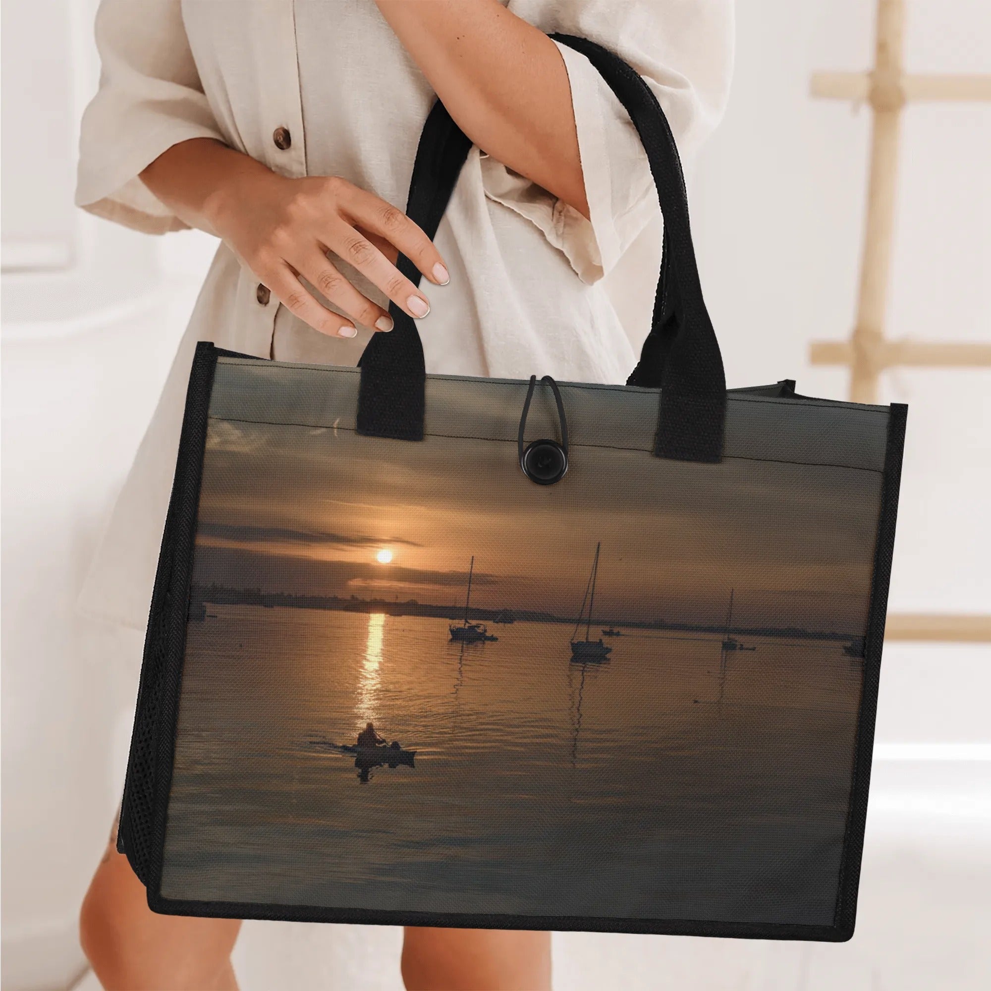 Custom Beach Life Vistas Fishing Sunset Premium All - Over Print Canvas Tote Bag - POPvault